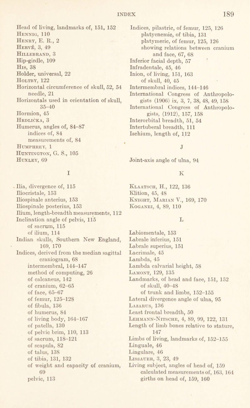 Head of living, landmarks of, 151, 152 Hennig, 110 Henry, E. R., 2 Herv:e, 3, 49 Hillebrand, 3 Hip-girdle, 109 His, 38 Holder, universal, 22 Holtby, 122 Horizontal circumference of skull, 52, 54 needle, 21 Horizontals used in orientation of skull, 35-40 Hormion, 45 Hrdlicka, 3 Humerus, angles of, 84-87 indices of, 84 measurements of, 84 Humphrey, 1 Huntington, G. S., 105 Huxley, 69 I * Ilia, divergence of, 115 Iliocristale, 153 Iliospinale anterius, 153 Iliospinale posterius, 153 Ilium, length-breadth measurements, 112 Inclination angle of pelvis, 115 of sacrum, 115 of ilium, 114 Indian skulls, Southern New England, 169, 170 Indices, derived from the median sagittal craniogram, 68 intermembral, 144-147 method of computing, 26 of calcaneus, 142 of cranium, 62-65 of face, 65-67 of femur, 125-128 of fibula, 136 of humerus, 84 of living body, 164-167 of patella, 130 of pelvic brim, 110, 113 of sacrum, 118-121 of scapula, 82 of talus, 138 of tibia, 131, 132 of weight and capacity of cranium, 69 pelvic, 113 Indices, pilastric, of femur, 125, 126 platycnemic, of tibia, 131 platymeric, of femur, 125, 126 showing relations between cranium and face, 67, 68 Inferior facial depth, 57 Infradentale, 45, 46 Inion, of living, 151, 163 of skull, 40, 45 Intermembral indices, 144-146 International Congress of Anthropolo- gists (1906) ix, 3, 7, 38, 48, 49, 158 International Congress of Anthropolo- gists, (1912), 157, 158 Interorbital breadth, 51, 54 Intertuberal breadth, 111 Ischium, length of, 112 J Joint-axis angle of ulna, 94 K Klaatsch, H., 122, 136 Edition, 45, 48 Knight, Marian V., 169, 170 Koganei, 4, 89, 110 L Labiomentale, 153 Lab rale inferius, 151 Labrale superius, 151 Lacrimale, 45 Lambda, 45 Lambda calvarial height, 58 Lamont, 129, 135 Landmarks, of head and face, 151, 152 of skull, 40-48 of trunk and limbs, 152-155 Lateral divergence angle of ulna, 95 Lazarus, 136 Least frontal breadth, 50 Lehmann-Nitsche, 4, 89, 99, 122, 131 Length of limb bones relative to stature, 147 Limbs of living, landmarks of, 152-155 Linguale, 46 Lingulare, 46 Lissauer, 3, 23, 49 Living subject, angles of head of, 159 calculated measurements of, 163, 164 girths on head of, 159, 160