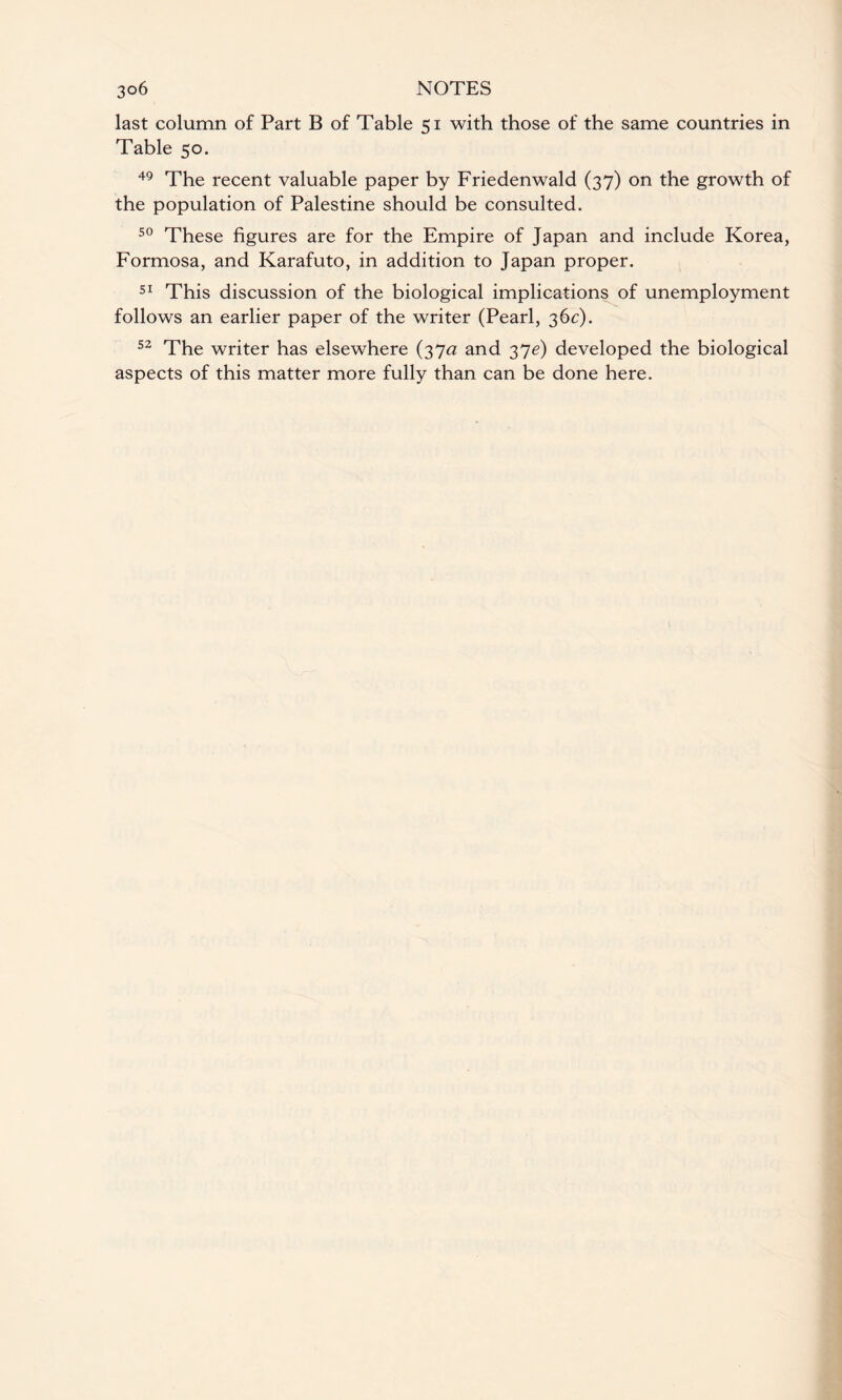 last column of Part B of Table 51 with those of the same countries in Table 50. 49 The recent valuable paper by Friedenwald (37) on the growth of the population of Palestine should be consulted. 50 These figures are for the Empire of Japan and include Korea, Formosa, and Karafuto, in addition to Japan proper. 51 This discussion of the biological implications of unemployment follows an earlier paper of the writer (Pearl, 36c). 52 The writer has elsewhere (37a and 37^) developed the biological aspects of this matter more fully than can be done here.