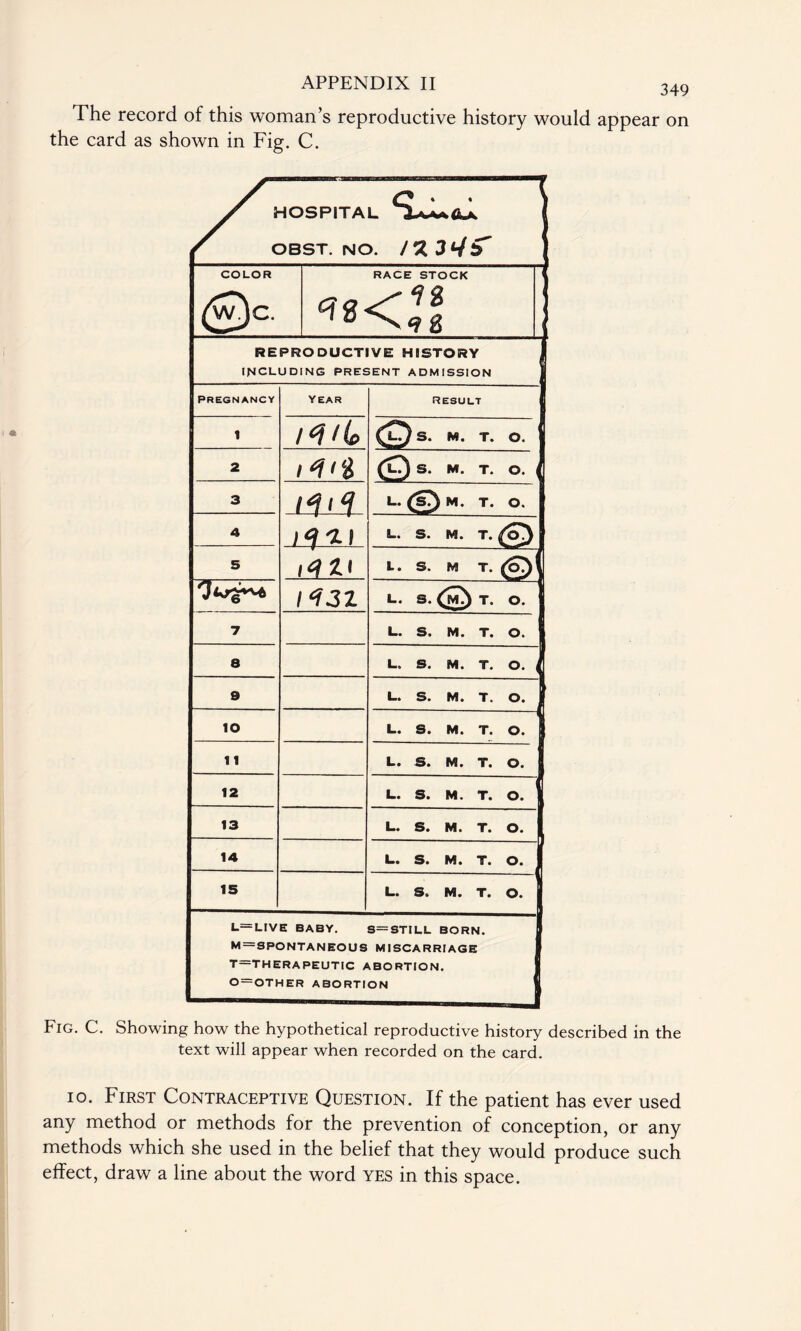 349 The record of this woman’s reproductive history would appear on the card as shown in Fig. C. COLOR RACE STOCK (w)c. HOSPITAL OBST. NO. REPRODUCTIVE HISTORY INCLUDING PRESENT ADMISSION PREGNANCY Year RESULT 1 <DS- M. T. o. 1 2 (Qs. M. T. O. { 3 iMlS L. (S^M. T. O. 4 iMti L. S. M. T. 5 i*n< L. S. M T. ^©5! 1431 r • CD 0 H 0 • 7 L. S. M. T. O. ' 8 L. S. M. T. O. ( 9 L. S. M. T. O. IO L* S» Mi T* O. 11 L# S* Mi T* Oi 12 Li Si Mi Ti O • 13 L. S. M. T. O. . 14 L. S. M. T. O. j 15 1 L. S. M. T. O. L=LIVE BABY. S=STILL BORN. ^ = SPONTANEOUS MISCARRIAGE T=THERAPEUTIC ABORTION. 0 = OTHER ABORTION Fig. C. Showing how the hypothetical reproductive history described in the text will appear when recorded on the card. io. First Contraceptive Question. If the patient has ever used any method or methods for the prevention of conception, or any methods which she used in the belief that they would produce such effect, draw a line about the word yes in this space.