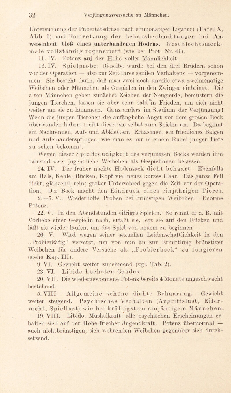 Untersuchung der Pubertätsdrüse nach einmonatiger Ligatur) (Tafel X, Abb. 1) und Fortsetzung der Lebensbeobachtungen bei An¬ wesenheit bloß eines unterbundenen Hodens. Geschlechtsmerk¬ male vollständig regeneriert (wie bei Prot. Nr. 41). 11. IV. Potenz auf der Höhe voller Männlichkeit. 16. IV. Spielprobe: Dieselbe wurde bei den drei Brüdern schon vor der Operation — also zur Zeit ihres senilen Verhaltens — vorgenom- men. Sie besteht darin, daß man zwei noch unreife etwa zweimonatige Weibchen oder Männchen als Gespielen in den Zwinger einbringt. Die alten Männchen geben zunächst Zeichen der Neugierde, bemustern die jungen Tierchen, lassen sie aber sehr bakVin Frieden, um sich nicht weiter um sie zu kümmern. Ganz anders im Stadium der Verjüngung! Wenn die jungen Tierchen die anfängliche Angst vor dem großen Bock überwunden haben, treibt dieser sie selbst zum Spielen an. Da beginnt ein Nachrennen, Auf- und Abklettern, Erhaschen, ein friedliches Balgen und Auf einander springen, wie man es nur in einem Pudel junger Tiere zu sehen bekommt. Wegen dieser Spielfreudigkeit des verjüngten Bocks werden ihm dauernd zwei jugendliche Weibchen als Gespielinnen belassen. 24. IV. Der früher nackte Hodensack dicht behaart. Ebenfalls am Hals, Kehle, Rücken, Kopf viel neues kurzes Haar. Das ganze Fell dicht, glänzend, rein; großer Unterschied gegen die Zeit vor der Opera¬ tion. Der Bock macht den Eindruck eines einjährigen Tieres. 2.—7. V. Wiederholte Proben bei brünstigen Weibchen. Enorme Potenz. 22. V. In den Abendstunden eifriges Spielen. So rennt er z. B. mit Vorliebe einer Gespielin nach, erfaßt sie, legt sie auf den Rücken und läßt sie wieder laufen, um das Spiel von neuem zu beginnen 26. V. Wird wegen seiner sexuellen Leidenschaftlichkeit in den j.Probierkäfig versetzt, um von nun an zur Ermittlung brünstiger Weibchen für andere Versuche als ,,ProbierbocU‘ zu fungieren (siehe Kap. III). 9. VI. Gewicht weiter zunehmend (vgl. Tab. 2). 23. VI. Libido höchsten Grades. 20. VII. Die wiedergewonnene Potenz bereits 4 Monate ungeschwächt bestehend. 5. VIII. Allgemeine schöne dichte Behaarung. Gewicht weiter steigend. Psychisches Verhalten (Angriffslust, Eifer¬ sucht, Spiellust) wie bei kräftigstem einjährigem Männchen. 19. VIII. Libido, Muskelkraft, alle psychischen Erscheinungen er¬ halten sich auf der Höhe frischer Jugendkraft. Potenz übernormal — auch nicht brünstigen, sich wehrenden Weibchen gegenüber sich durch¬ setzend.