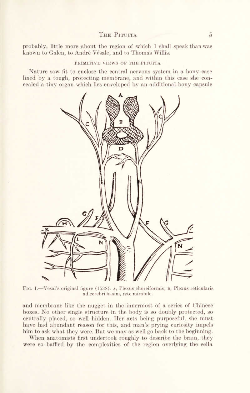 probably, little more about the region of which I shall speak than was known to Galen, to Andre Vesale, and to Thomas Willis. PRIMITIVE VIEWS OF THE PITUITA Nature saw fit to enclose the central nervous system in a bony case lined by a tough, protecting membrane, and within this case she con¬ cealed a tiny organ which lies enveloped by an additional bony capsule Fig. 1.—Vesal’s original figure (1538). a, Plexus choreiformis; b, Plexus reticularis ad cerebri basim, rete mirabile. and membrane like the nugget in the innermost of a series of Chinese boxes. No other single structure in the body is so doubly protected, so centrally placed, so well hidden. Her acts being purposeful, she must have had abundant reason for this, and man’s prying curiosity impels him to ask what they were. But we may as well go back to the beginning. When anatomists first undertook roughly to describe the brain, they were so baffled by the complexities of the region overlying the sella