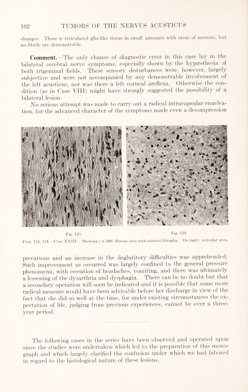 changes. There is reticulated glia-like tissue in small amounts with areas of necrosis, but no fibrils are demonstrable. Comment.—The only chance of diagnostic error in this case lay in the bilateral cerebral nerve symptoms, especially shown by the hypsesthesia of both trigeminal fields. These sensory disturbances were, however, largely subjective and were not accompanied by any demonstrable involvement of the left acusticus, nor was there a left corneal areflexa. Otherwise the con¬ dition (as in Case VIII) might have strongly suggested the possibility of a bilateral lesion. No serious attempt was made to carry out a radical intracapsular enuclea¬ tion, for the advanced character of the symptoms made even a decompression Fig. 123 Fig. 124 Figs. 123, 124— Case XXIII. Showing ( X 300) fibrous area with stained fibroglia. On right: reticular area. precarious and an increase in the deglutitory difficulties was apprehended. Such improvement as occurred was largely confined to the general pressure phenomena, with cessation of headaches, vomiting, and there was ultimately a lessening of the dysarthria and dysphagia. There can be no doubt but that a secondary operation will soon be indicated and it is possible that some more radical measure would have been advisable before her discharge in view of the fact that she did so well at the time, for under existing circumstances the ex¬ pectation of life, judging from previous experiences, cannot be over a three- year period. The following cases in the series have been observed and operated upon since the studies were undertaken which led to the preparation of this mono¬ graph and which largely clarified the confusion under which we had labored in regard to the histological nature of these lesions.