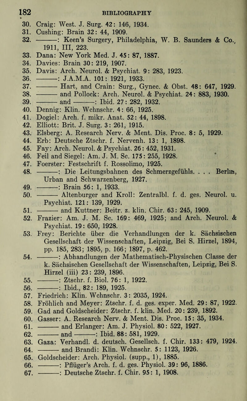 • 30. Craig: West. J. Surg. 42: 146, 1934. 31. Cushing: Brain 32: 44, 1909. 32. -: Keen’s Surgery, Philadelphia, W. B. Saunders & Co., 1911, III, 223. 33. Dana: New York Med. J. 45: 87, 1887. 34. Davies: Brain 30: 219, 1907. 35. Davis: Arch. Neurol. & Psychiat. 9: 283, 1923. 36. -: J.A.M.A. 101: 1921, 1933. 37. -Hart, and Crain: Surg., Gynec. & Obst. 48: 647, 1929. 38. --and Pollock: Arch. Neurol. & Psychiat. 24: 883, 1930. 39. -and-: Ibid. 27: 282, 1932. 40. Dennig: Klin. Wchnschr. 4: 66, 1925. 41. Dogiel: Arch. f. mikr. Anat. 52: 44, 1898. 42. Elliott: Brit. J. Surg. 3: 261, 1915. 43. Elsberg; A. Research Nerv. & Ment. Dis. Proc. 8: 5, 1929. 44. Erb: Deutsche Ztschr. f. Nervenh. 13: 1, 1898. 45. Fay: Arch. Neurol. & Psychiat. 26: 452, 1931. 46. Fell and Siegel: Am. J. M. Sc. 175: 255, 1928. 47. Foerster: Festschrift f. Rossolimo, 1925. 48. -: Die Leitungsbahnen des Schmerzgefiihls. . . . Berlin, Urban and Schwarzenberg, 1927. 49. -: Brain 56: 1, 1933. 50. - Altenburger and Kroll: Zentralbl. f. d. ges. Neurol, u. Psychiat. 121: 139, 1929. 51. -and Kuttner: Beitr. z. klin. Chir. 63: 245, 1909. 52. Frazier: Am. J. M. Sc. 169: 469, 1925; and Arch. Neurol. & Psychiat. 19: 650, 1928. 53. Frey: Berichte iiber die Verhandlungen der k. Sachsischen Gesellschaft der Wissenschaften, Leipzig, Bei S. Hirzel, 1894, pp. 185, 283; 1895, p. 166; 1897, p. 462. 54. -: Abhandlungen der Mathematisch-Physischen Classe der k. Sachsischen Gesellschaft der Wissenschaften, Leipzig, Bei S. Hirzel (iii) 23: 239, 1896. 55. -: Ztschr. f. Biol. 76: 1, 1922. 56. -: Ibid., 82: 189, 1925. 57. Friedrich: Klin. Wchnschr. 3: 2035, 1924. 58. Frohlich and Meyer: Ztschr. f. d. ges. exper. Med. 29: 87, 1922. 59. Gad and Goldscheider: Ztschr. f. klin. Med. 20: 239, 1892. 60. Gasser: A. Research Nerv. & Ment. Dis. Proc. 15: 35, 1934. 61. -and Erlanger: Am. J. Physiol. 80: 522, 1927. 62. -and ; Ibid. 88: 581, 1929. 63. Gaza; Verhandl. d. deutsch. Gesellsch. f. Chir. 133: 479, 1924. 64. -and Brandi: Klin. Wchnschr. 5: 1123, 1926. 65. Goldscheider: Arch. Physiol, (supp., 1), 1885. 66. -: Pfliiger’s Arch. f. d. ges. Physiol. 39: 96, 1886. 67. -: Deutsche Ztschr. f. Chir. 95: 1, 1908.