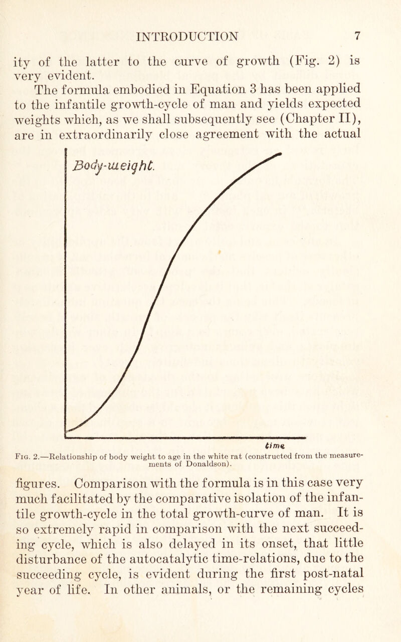 ity of the latter to the curve of growth (Fig. 2) is very evident. The formula embodied in Equation 3 has been applied to the infantile growth-cycle of man and yields expected weights which, as we shall subsequently see (Chapter II), are in extraordinarily close agreement with the actual Fig. 2.—Relationship of body weight to age in the white rat (constructed from the measure- ments of Donaldson). figures. Comparison with the formula is in this case very much facilitated by the comparative isolation of the infan- tile growth-cycle in the total growth-curve of man. It is so extremely rapid in comparison with the next succeed- ing cycle, which is also delayed in its onset, that little disturbance of the autocatalytic time-relations, due to the succeeding cycle, is evident during the first post-natal year of life. In other animals, or the remaining cycles