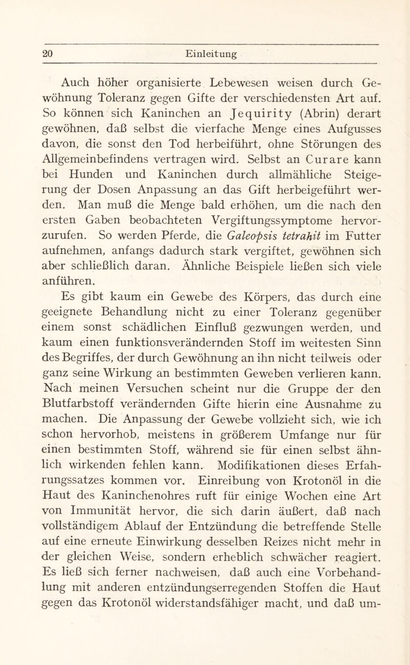 Auch höher organisierte Lebewesen weisen durch Ge¬ wöhnung Toleranz gegen Gifte der verschiedensten Art auf. So können sich Kaninchen an Jequirity (Abrin) derart gewöhnen, daß selbst die vierfache Menge eines Aufgusses davon, die sonst den Tod herbeiführt, ohne Störungen des Allgemeinbefindens vertragen wird. Selbst an Curare kann bei Hunden und Kaninchen durch allmähliche Steige¬ rung der Dosen Anpassung an das Gift herbeigeführt wer¬ den. Man muß die Menge bald erhöhen, um die nach den ersten Gaben beobachteten Vergiftungssymptome hervor¬ zurufen. So werden Pferde, die Galeopsis tetrahit im Futter aufnehmen, anfangs dadurch stark vergiftet, gewöhnen sich aber schließlich daran. Ähnliche Beispiele ließen sich viele anführen. Es gibt kaum ein Gewebe des Körpers, das durch eine geeignete Behandlung nicht zu einer Toleranz gegenüber einem sonst schädlichen Einfluß gezwungen werden, und kaum einen funktionsverändernden Stoff im weitesten Sinn des Begriffes, der durch Gewöhnung an ihn nicht teilweis oder ganz seine Wirkung an bestimmten Geweben verlieren kann. Nach meinen Versuchen scheint nur die Gruppe der den Blutfarbstoff verändernden Gifte hierin eine Ausnahme zu machen. Die Anpassung der Gewebe vollzieht sich, wie ich schon hervorhob, meistens in größerem Umfange nur für einen bestimmten Stoff, während sie für einen selbst ähn¬ lich wirkenden fehlen kann. Modifikationen dieses Erfah¬ rungssatzes kommen vor. Einreibung von Krotonöl in die Haut des Kaninchenohres ruft für einige Wochen eine Art von Immunität hervor, die sich darin äußert, daß nach vollständigem Ablauf der Entzündung die betreffende Stelle auf eine erneute Einwirkung desselben Reizes nicht mehr in der gleichen Weise, sondern erheblich schwächer reagiert. Es ließ sich ferner nachweisen, daß auch eine Vorbehand¬ lung mit anderen entzündungserregenden Stoffen die Haut gegen das Krotonöl widerstandsfähiger macht, und daß um-