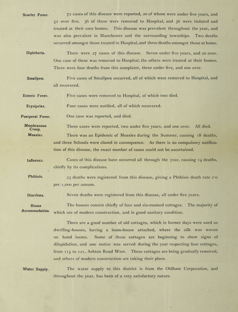 Scarlet Fever. 72 cases of this disease were reported, 20 of whom were under five years, and 52 over five. 36 of these were removed to Hospital, and 36 were isolated and treated at their own homes. This disease was prevalent throughout the year, and was also prevalent in Manchester and the surrounding townships. Two deaths occurred amongst those treated in Hospital, and three deaths amongst those at home. Diphtheria. There were 27 cases of this disease. Seven under five years, and 20 over. One case of these was removed to Hospital, the others were treated at their homes. There were four deaths from this complaint, three under five, and one over. Smallpox. Five cases of Smallpox occurred, all of which were removed to Hospital, and all recovered. Enteric Fever. Five cases were removed to Hospital, of which two died. Erysipelas. Four cases were notified, all of which recovered. Puerperal Fever. One case was reported, and died. Membranous Croup. Measles. Three cases were reported, two under five years, and one over. All died. There was an Epidemic of Measles during the Summer, causing 18 deaths, and three Schools were closed in consequence. As there is no compulsory notifica- tion of this disease, the exact number of cases could not be ascertained. Influenza. Cases of this disease have occurred all through the year, causing 14 deaths, chiefly by its complications. Phthisis. 23 deaths were registered from this disease, giving a Phthisis death rate 2‘o per 1,000 per annum. Diarrhoea. Seven deaths were registered from this disease, all under five years. House Accommodation. The houses consist chiefly of four and six-roomed cottages. The majority of which are of modern construction, and in good sanitary condition. There are a good number of old cottages, which in former days were used as dwelling-houses, having a loom-house attached, where the silk was woven on hand looms. Some of these cottages are beginning to show signs of dilapidation, and one notice was served during the year respecting four cottages, from 115 to 121, Ashton Road West. These cottages are being gradually removed, and others of modern construction are taking their place. Water Supply. The water supply to this district is from the Oldham Corporation, and throughout the year, has been of a very satisfactory nature.