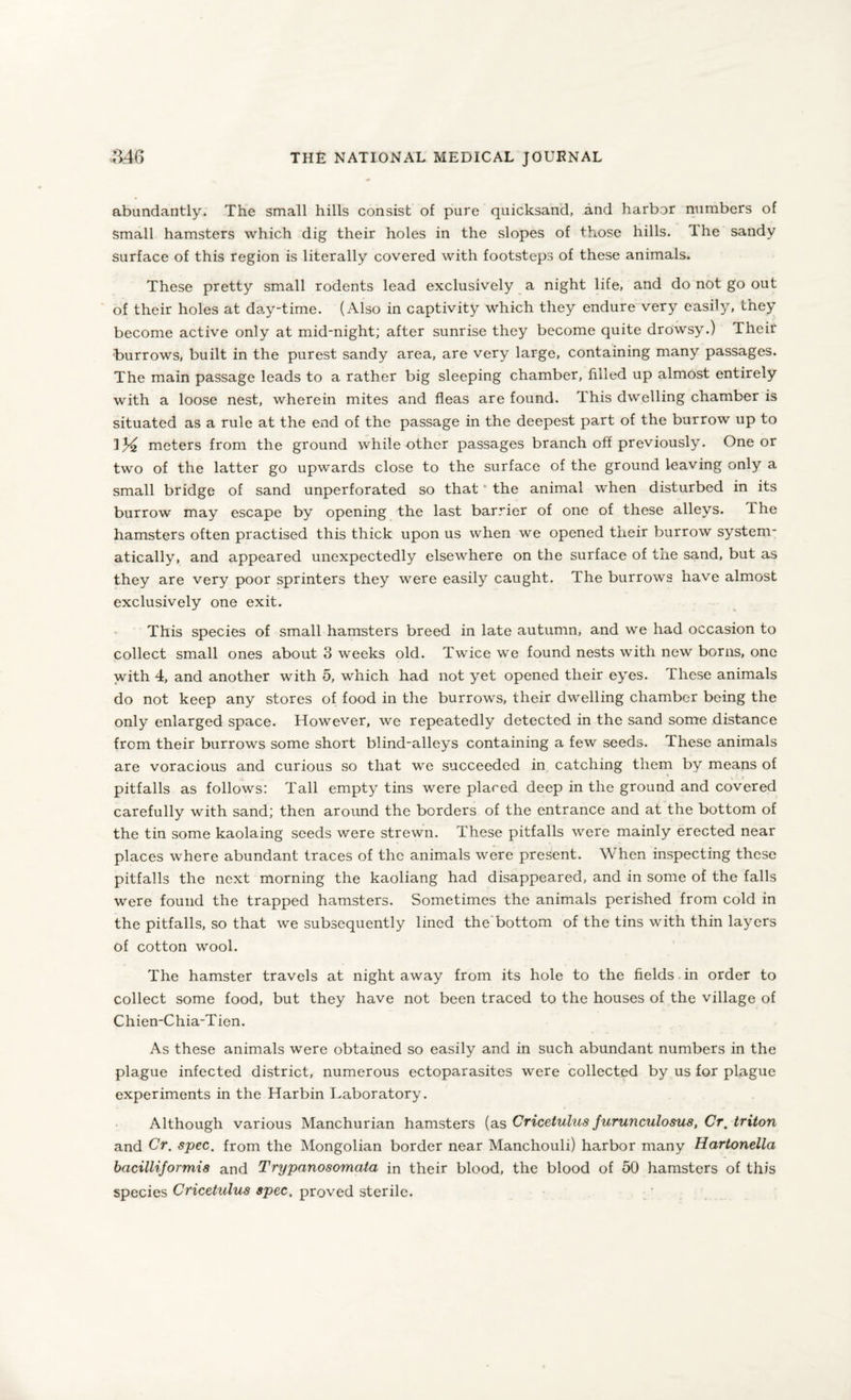 abundantly. The small hills consist of pure quicksand, and harbor numbers of small hamsters which dig their holes in the slopes of those hills. Ihe sandy surface of this region is literally covered with footsteps of these animals. These pretty small rodents lead exclusively a night life, and do not go out of their holes at day-time. (Also in captivity which they endure very easily, they become active only at mid-night; after sunrise they become quite drowsy.) Their burrows, built in the purest sandy area, are very large, containing many passages. The main passage leads to a rather big sleeping chamber, filled up almost entirely with a loose nest, wherein mites and fleas are found. This dwelling chamber is situated as a rule at the end of the passage in the deepest part of the burrow up to ] % meters from the ground while other passages branch off previously. One or two of the latter go upwards close to the surface of the ground leaving only a small bridge of sand unperforated so that * the animal when disturbed in its burrow may escape by opening the last barrier of one of these alleys. The hamsters often practised this thick upon us when we opened their burrow system¬ atically, and appeared unexpectedly elsewhere on the surface of the sand, but as they are very poor sprinters they were easily caught. The burrows have almost exclusively one exit. This species of small hamsters breed in late autumn, and we had occasion to collect small ones about 3 weeks old. Twice we found nests with new borns, one with 4, and another with 5, which had not yet opened their eyes. These animals do not keep any stores of food in the burrows, their dwelling chamber being the only enlarged space. However, we repeatedly detected in the sand some distance from their burrows some short blind-alleys containing a few seeds. These animals are voracious and curious so that we succeeded in catching them by means of pitfalls as follows: Tall empty tins were placed deep in the ground and covered carefully with sand; then around the borders of the entrance and at the bottom of the tin some kaolaing seeds were strewn. These pitfalls were mainly erected near places where abundant traces of the animals were present. When inspecting these pitfalls the next morning the kaoliang had disappeared, and in some of the falls were found the trapped hamsters. Sometimes the animals perished from cold in the pitfalls, so that we subsequently lined the'bottom of the tins with thin layers of cotton wool. The hamster travels at night away from its hole to the fields in order to collect some food, but they have not been traced to the houses of the village of Chien-Chia-Tien. As these animals were obtained so easily and in such abundant numbers in the plague infected district, numerous ectoparasites were collected by us for plague experiments in the Harbin Laboratory. Although various Manchurian hamsters (as Cricetulus Jurunculosus, Cr. triton and Cr. spec, from the Mongolian border near Manchouli) harbor many Hartonella bacillijormis and Trypanosomata in their blood, the blood of 50 hamsters of this species Cricetulus spec, proved sterile.