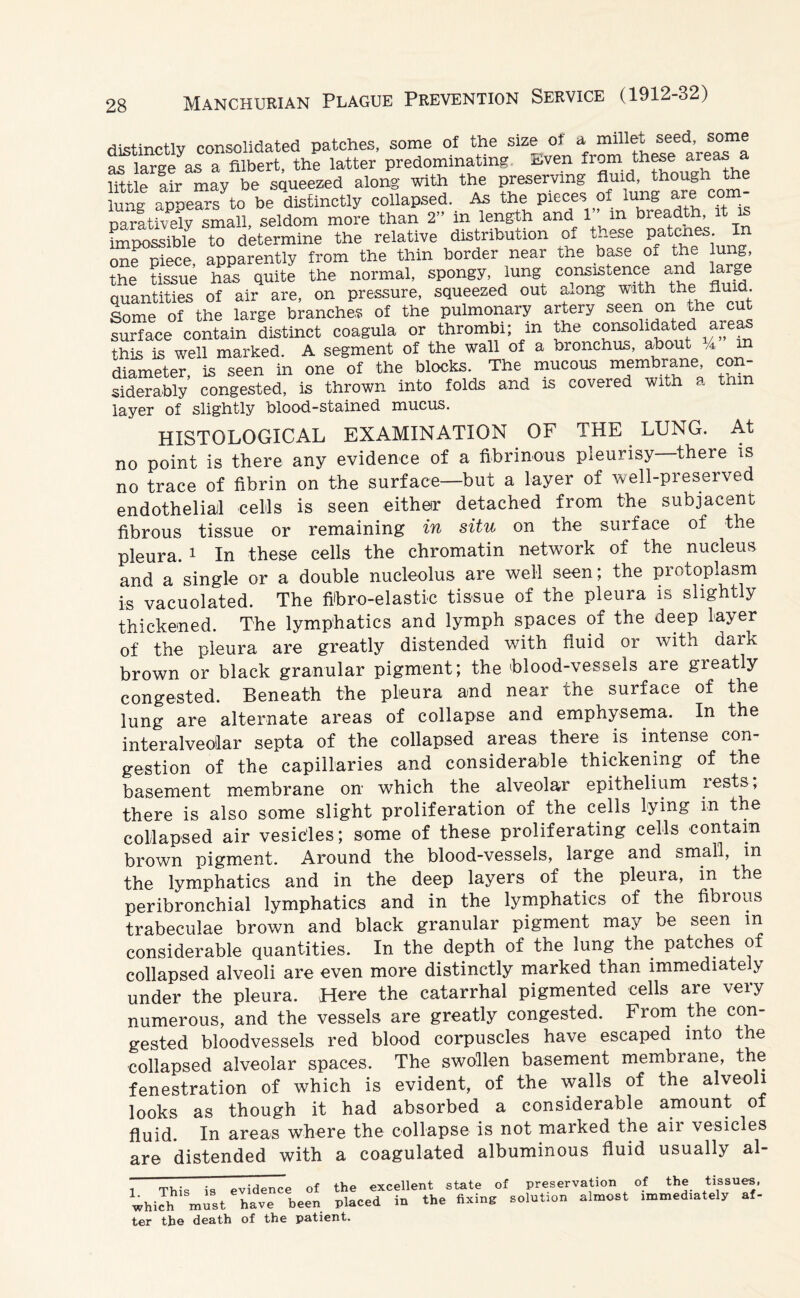 distinctly consolidated natches, some of the size of a millet seed, some as laree^as a filbert, the latter predominating Even from these areas a little air may be squeezed along with the preserving fluid, though t e ung appe“syto be 'distinctly collapsed. As the> piece,. <rf lung are com¬ paratively small, seldom more than 2” m length and 1 m breadth it is fmpossible to determine the relative distribution of these Pat<mes. I one Piece apparently from the thin border near the base of the lung, the tissue has quite the normal, spongy, lung consistence and large quantities of air are, on pressure, squeezed out a.ong with the fluid Some of the large branches of the pulmonary artery seen on the cut surface contain distinct coagula or thrombi; in the consolidated areas this is well marked. A segment of the wall of a bronchus, about A m diameter, is seen in one of the blocks. The mucous membrane con¬ siderably congested, is thrown into folds and is covered with a tmn layer of slightly blood-stained mucus. HISTOLOGICAL EXAMINATION OF THE LUNG. At no point is there any evidence of a fibrinous pleurisy—there is no trace of fibrin on the surface—but a layer of well-preserved endothelial cells is seen either detached from the subjacent fibrous tissue or remaining in situ on the surface of the pleura. 1 In these cells the chromatin network of the nucleus and a single or a double nucleolus are well seen; the protoplasm is vacuolated. The fibro-elastic tissue of the pleura is slightly thickened. The lymphatics and lymph spaces of the deep layer of the pleura are greatly distended with fluid or with dark brown or black granular pigment; the blood-vessels are greatly congested. Beneath the pleura and near the surface of the lung are alternate areas of collapse and emphysema. In the interalveolar septa of the collapsed areas there is intense con¬ gestion of the capillaries and considerable thickening of the basement membrane on which the alveolar epithelium xests, there is also some slight proliferation of the cells lying in the collapsed air vesicles; some of these proliferating cells contain brown pigment. Around the blood-vessels, large and small, in the lymphatics and in the deep layers of the pleura, in the peribronchial lymphatics and in the lymphatics of the fibious trabeculae brown and black granular pigment may be seen in considerable quantities. In the depth of the lung the patches of collapsed alveoli are even more distinctly marked than immediately under the pleura. Here the catarrhal pigmented cells are very numerous, and the vessels are greatly congested. From the con¬ gested bloodvessels red blood corpuscles have escaped into the collapsed alveolar spaces. The swollen basement membiane, the fenestration of which is evident, of the walls of the alveoli looks as though it had absorbed a considerable amount of fluid. In areas where the collapse is not marked the air vesicles are distended with a coagulated albuminous fluid usually al- 1. This is evidence of the excellent state of which must have been placed in the fixing ter the death of the patient. preservation of the tissue's, solution almost immediately af-