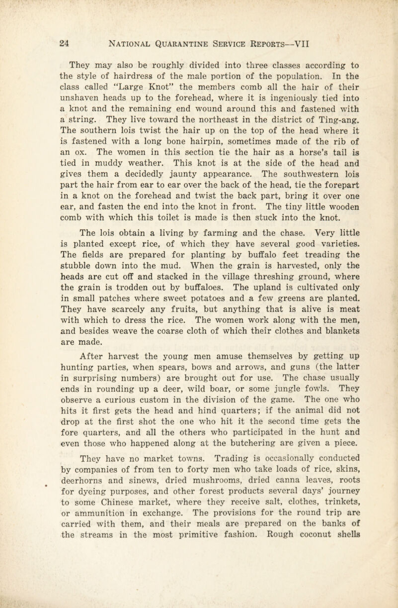 They may also be roughly divided into three classes according to the style of hairdress of the male portion of the population. In the class called “Large Knot” the members comb all the hair of their unshaven heads up to the forehead, where it is ingeniously tied into a knot and the remaining end wound around this and fastened with a string. They live toward the northeast in the district of Ting-ang. The southern lois twist the hair up on the top of the head where it is fastened with a long bone hairpin, sometimes made of the rib of an ox. The women in this section tie the hair as a horse’s tail is tied in muddy weather. This knot is at the side of the head and gives them a decidedly jaunty appearance. The southwestern lois part the hair from ear to ear over the back of the head, tie the forepart in a knot on the forehead and twist the back part, bring it over one ear, and fasten the end into the knot in front. The tiny little wooden comb with which this toilet is made is then stuck into the knot. The lois obtain a living by farming and the chase. Very little is planted except rice, of which they have several good varieties. The fields are prepared for planting by buffalo feet treading the stubble down into the mud. When the grain is harvested, only the heads are cut off and stacked in the village threshing ground, where the grain is trodden out by buffaloes. The upland is cultivated only in small patches where sweet potatoes and a few greens are planted. They have scarcely any fruits, but anything that is alive is meat with which to dress the rice. The women work along with the men, and besides weave the coarse cloth of which their clothes and blankets are made. After harvest the young men amuse themselves by getting up hunting parties, when spears, bows and arrows, and guns (the latter in surprising numbers) are brought out for use. The chase usually ends in rounding up a deer, wild boar, or some jungle fowls. They observe a curious custom in the division of the game. The one who hits it first gets the head and hind quarters; if the animal did not drop at the first shot the one who hit it the second time gets the fore quarters, and all the others who participated in the hunt and even those who happened along at the butchering are given a piece. They have no market towns. Trading is occasionally conducted by companies of from ten to forty men who take loads of rice, skins, deerhorns and sinews, dried mushrooms, dried canna leaves, roots for dyeing purposes, and other forest products several days’ journey to some Chinese market, where they receive salt, clothes, trinkets, or ammunition in exchange. The provisions for the round trip are carried with them, and their meals are prepared on the banks of the streams in the most primitive fashion. Rough coconut shells