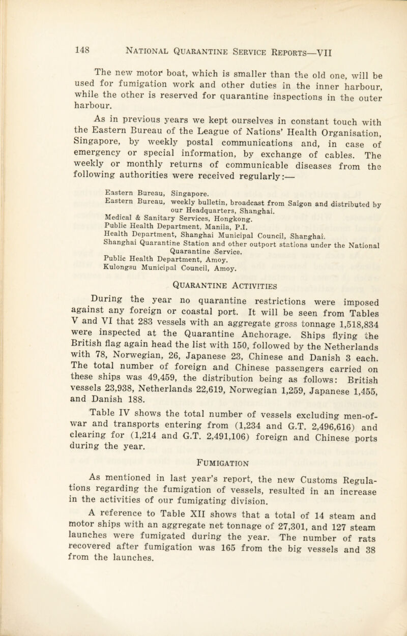 The new motor boat, which is smaller than the old one, will be used for fumigation work and other duties in the inner harbour, while the other is reserved for quarantine inspections in the outer harbour. As in previous years we kept ourselves in constant touch with the Eastern Bureau of the League of Nations’ Health Organisation, Singapore, by weekly postal communications and, in case of emergency or special information, by exchange of cables. The weekly or monthly returns of communicable diseases from the following authorities were received regularly:— Eastern Bureau, Singapore. Eastern Bureau, weekly bulletin, broadcast from Saigon and distributed by our Headquarters, Shanghai. Medical & Sanitary Services, Hongkong. Public Health Department, Manila, P.I. Health Department, Shanghai Municipal Council, Shanghai. Shanghai Quarantine Station and other outport stations under the National Quarantine iService. Public Health Department, Amoy. Kulongsu Municipal Council, Amoy. Quarantine Activities During the year no quarantine restrictions were imposed against any foreign or coastal port. It will be seen from Tables V and VI that 283 vessels with an aggregate gross tonnage 1,518,834 were inspected at the Quarantine Anchorage. Ships flying the British flag again head the list with 150, followed by the Netherlands with 78, Norwegian, 26, Japanese 23, Chinese and Danish 3 each. The total number of foreign and Chinese passengers carried on these ships was 49,459, the distribution being as follows: British vessels 23,938, Netherlands 22,619, Norwegian 1,259, Japanese 1,455, and Danish 188. Table IV shows the total number of vessels excluding men-of- war and transports entering from (1,234 and G.T. 2,496,616) and clearing for (1,214 and G.T. 2,491,106) foreign and Chinese ports during the year. Fumigation As mentioned in last year’s report, the new Customs Regula¬ tions regarding the fumigation of vessels, resulted in an increase in the activities of our fumigating division. A reference to Table XII shows that a total of 14 steam and motor ships with an aggregate net tonnage of 27,301, and 127 steam launches were fumigated during the year. The number of rats recovered after fumigation was 165 from the big vessels and 38 from the launches.