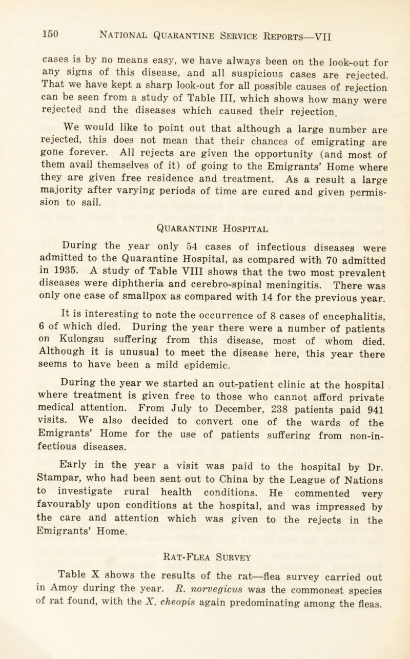 cases is by no means easy, we have always been on the look-out for any signs of this disease, and all suspicious cases are rejected. That we have kept a sharp look-out for all possible causes of rejection can be seen from a study of Table III, which shows how many were rejected and the diseases which caused their rejection. We would like to point out that although a large number are rejected, this does not mean that their chances of emigrating are gone forever. All rejects are given the opportunity (and most of them avail themselves of it) of going to the Emigrants’ Home where they are given free residence and treatment. As a result a large majority after varying periods of time are cured and given permis¬ sion to sail. Quarantine Hospital During the year only 54 cases of infectious diseases were admitted to the Quarantine Hospital, as compared with 70 admitted in 1935. A study of Table VIII shows that the two most prevalent diseases were diphtheria and cerebro-spinal meningitis. There was only one case of smallpox as compared with 14 for the previous year. It is interesting to note the occurrence of 8 cases of encephalitis, 6 of which died. During the year there were a number of patients on Kulongsu suffering from this disease, most of whom died. Although it is unusual to meet the disease here, this year there seems to have been a mild epidemic. During the year we started an out-patient clinic at the hospital where treatment is given free to those who cannot afford private medical attention. From July to December, 238 patients paid 941 visits. We also decided to convert one of the wards of the Emigrants’ Home for the use of patients suffering from non-in- fectious diseases. Early in the year a visit was paid to the hospital by Dr. Stampar, who had been sent out to China by the League of Nations to investigate rural health conditions. He commented very favourably upon conditions at the hospital, and was impressed by the care and attention which was given to the rejects in the Emigrants’ Home. Rat-Flea Survey Table X shows the results of the rat—flea survey carried out in Amoy during the year. R. norvegicus was the commonest species of rat found, with the X. cheopis again predominating among the fleas.
