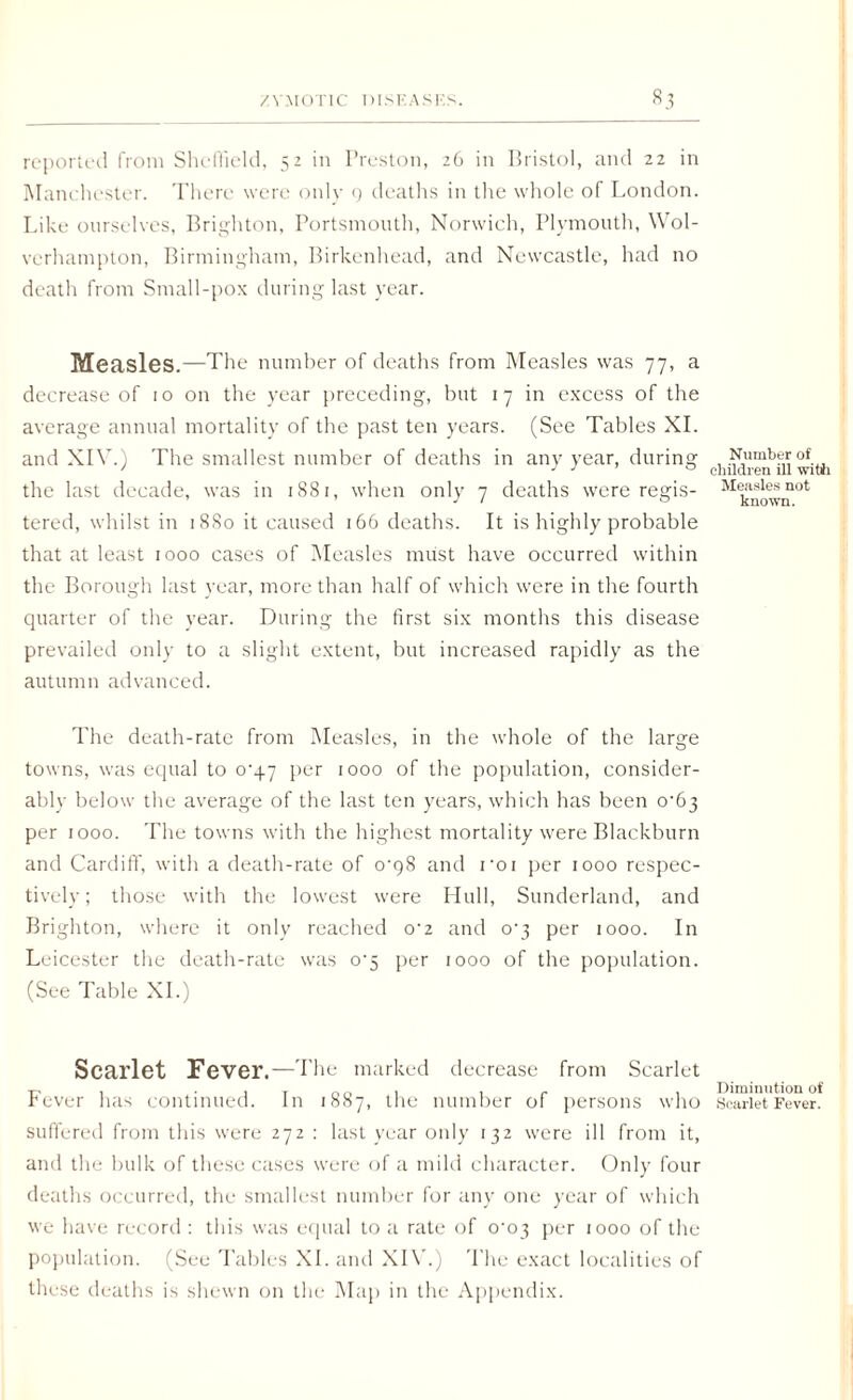 reported from Sheffield, 52 in Preston, 26 in Bristol, and 22 in Manchester. There were only 9 deaths in the whole of London. Like ourselves, Brighton, Portsmouth, Norwich, Plymouth, Wol¬ verhampton, Birmingham, Birkenhead, and Newcastle, had no death from Small-pox during last year. Measles.—The number of deaths from Measles was 77, a decrease of 10 on the year preceding, but 17 in excess of the average annual mortality of the past ten years. (See Tables XI. and XIV.) The smallest number of deaths in any year, during the last decade, was in 1881, when only 7 deaths were regis¬ tered, whilst in 1880 it caused 166 deaths. It is highly probable that at least 1000 cases of Measles must have occurred within the Borough last year, more than half of which were in the fourth quarter of the year. During the first six months this disease prevailed only to a slight extent, but increased rapidly as the autumn advanced. The death-rate from Measles, in the whole of the large towns, was equal to o'gy per 1000 of the population, consider¬ ably below the average of the last ten years, which has been o-63 per 1000. The towns with the highest mortality were Blackburn and Cardiff', with a death-rate of 0^98 and roi per 1000 respec¬ tively ; those with the lowest were Hull, Sunderland, and Brighton, where it only reached o-2 and 0*3 per 1000. In Leicester the death-rate was o-s per 1000 of the population. (See Table XI.) Scarlet Fever.—The marked decrease from Scarlet Fever has continued. In 1887, the number of persons who suffered from this were 272 : last year only 132 were ill from it, and the bulk of these cases were of a mild character. Only four deaths occurred, the smallest number for any one year of which we have record : this was equal to a rate of 0^03 per 1000 of the population. (See Tables XL and XIV.) The exact localities of these deaths is shewn on the Map in the Appendix. Number of children ill witii Measles not known. Diminution of Scarlet Fever.