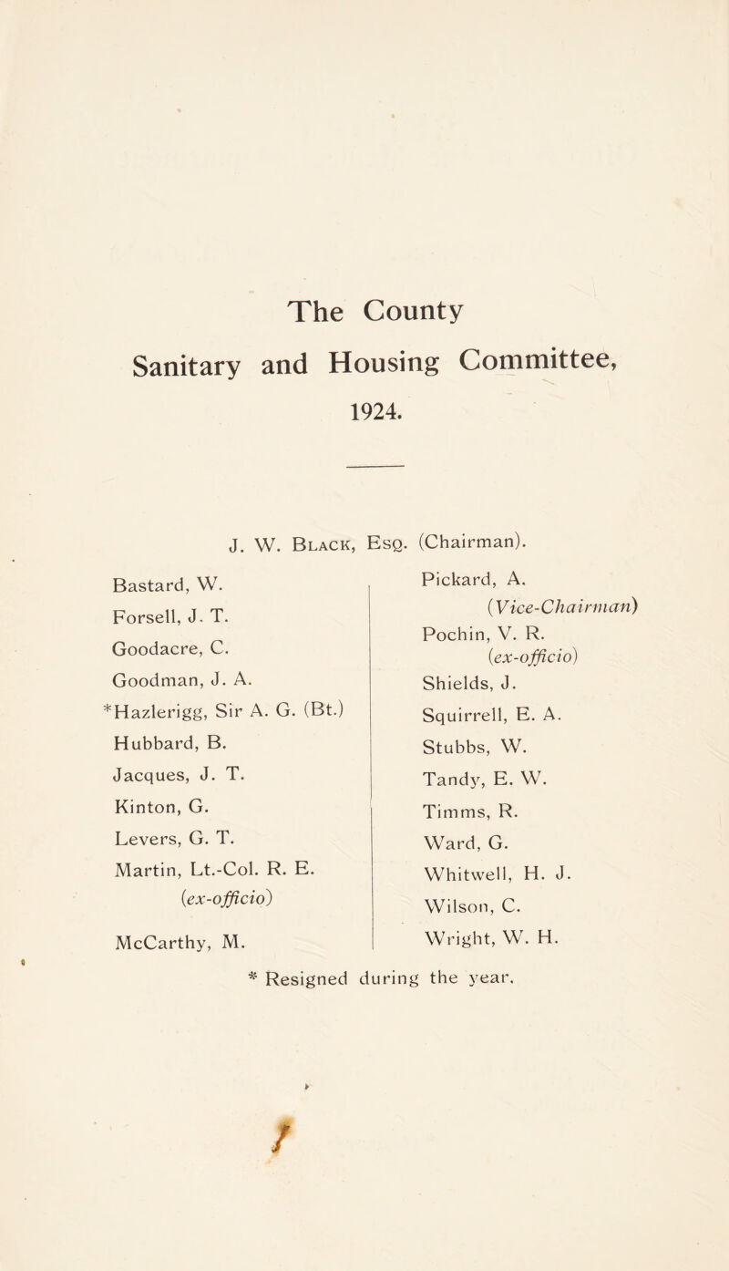 The County Sanitary and Housing Committee, 1924. J. W. Black, Bastard, W. Forsell, J. T. Goodacre, C. Goodman, J. A. Hazlerigg, Sir A. G. (Bt.) Hubbard, B. Jacques, J. T. Kinton, G. Levers, G. T. Martin, Lt.-Col. R. E. (<ex-officio) Esq. (Chairman). Pickard, A. (Vice-Chairman) Pochin, V. R. (iex-officio) Shields, J. Squirrell, E. A. Stubbs, W. Tandy, E. W. Timms, R. Ward, G. Whitwell, H. J. Wilson, C. Wright, W. H. Resigned during the year. McCarthy, M.