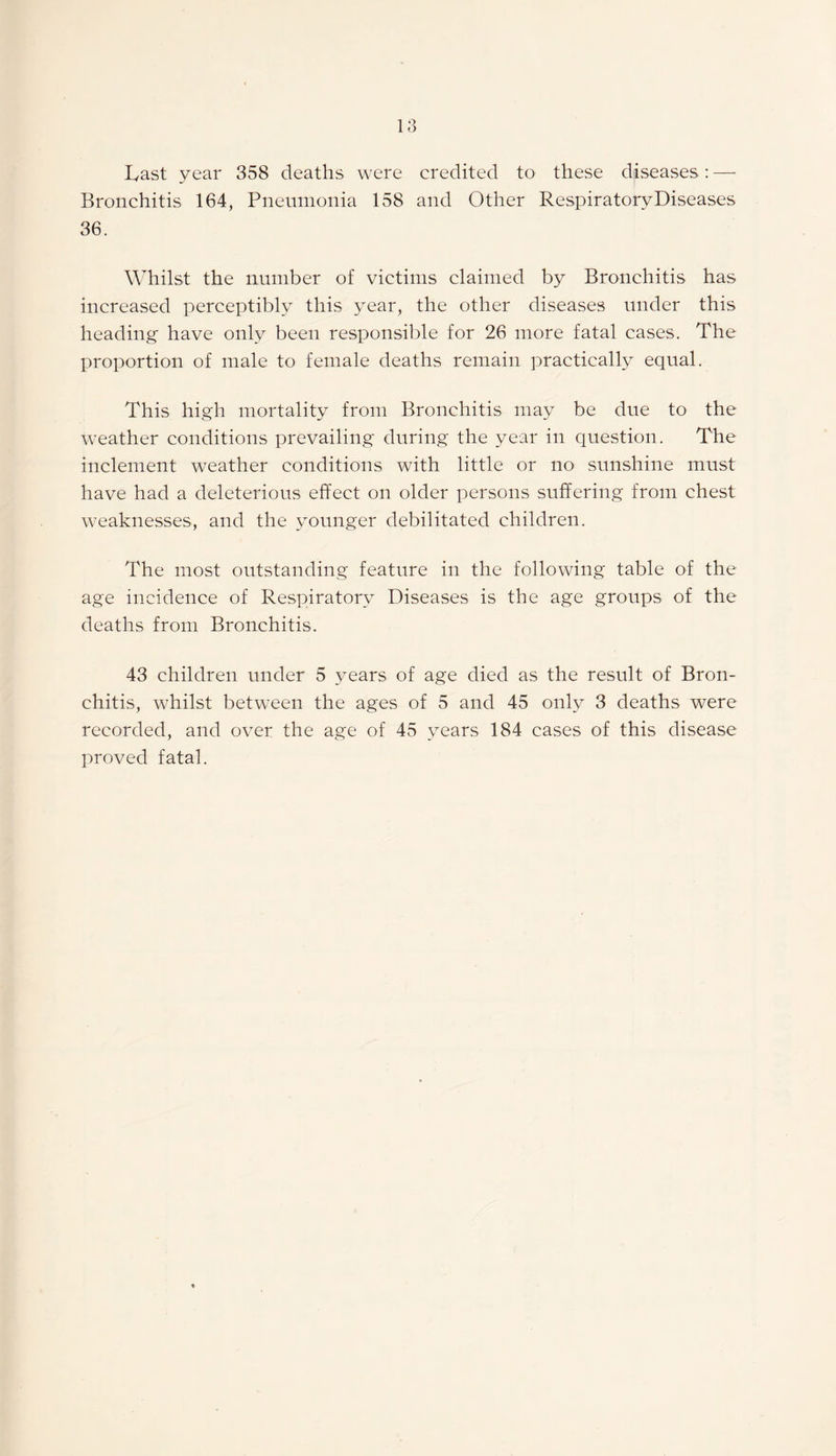 Last year 358 deaths were credited to these diseases : —- Bronchitis 164, Pneumonia 158 and Other Respiratory Diseases 36. Whilst the number of victims claimed by Bronchitis has increased perceptibly this year, the other diseases under this heading have only been responsible for 26 more fatal cases. The proportion of male to female deaths remain practically equal. This high mortality from Bronchitis may be due to the weather conditions prevailing during the year in question. The inclement weather conditions with little or no sunshine must have had a deleterious effect on older persons suffering from chest weaknesses, and the younger debilitated children. The most outstanding feature in the following table of the age incidence of Respiratory Diseases is the age groups of the deaths from Bronchitis. 43 children under 5 years of age died as the result of Bron¬ chitis, whilst between the ages of 5 and 45 only 3 deaths were recorded, and over the age of 45 years 184 cases of this disease proved fatal.