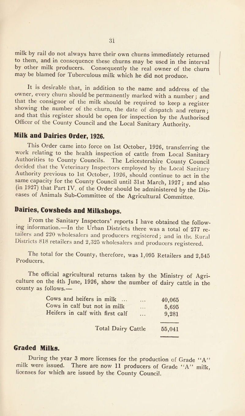 milk by rail do not always have their own churns immediately returned to them, and in consequence these churns may be used in the interval by other milk producers. Consequently the real owner of the churn may be blamed for Tuberculous milk which he did not produce. It is desirable that, in addition to the name and address of the owner, every churn should be permanently marked with a number; and that the consignor of the milk should be required to keep a register showing the number of the churn, the date of despatch and return; and that this register should be open for inspection by the Authorised Officer of the County Council and the Local Sanitary Authority. Milk and Dairies Order, 1926. This Order came into force on 1st October, 1926, transferring the work relating to the health inspection of cattle from Local Sanitary Authorities to County Councils. The Leicestershire County Council decided that the Veterinary Inspectors employed by the Local Sanitary Authority previous to 1st October, 1926, should continue to act in the same capacity for the County Council until 31st March, 1927; and also (in 1927) that Part IV. of the Order should be administered by the Dis¬ eases of Animals Sub-Committee of the Agricultural Committee. Dairies, Cowsheds and Milkshops. From the Sanitary Inspectors’ reports I have obtained the follow¬ ing information.—In the Urban Districts there was a total of 277 re¬ tailers and 2201 wholesalers and producers registered; and in the Rural Districts 818 letailers and 2,325 wholesalers and producers registered. The total for the County, therefore, was 1,095 Retailers and 2,545 Producers. The official agricultural returns taken by the Ministry of Agri¬ culture on the 4th, June, 1926, show the number of dairy cattle in the county as follows.— Cows and heifers in milk. 40,065 Cows in calf but not in milk ... 5,695 Heifers in calf with first calf ... 9,281 Total Dairy Cattle 55,041 Graded Milks. During the year 3 more licenses for the production of Grade “A” milk were issued. There are now 11 producers of Grade “A” milk, licenses for which are issued by the County Council.