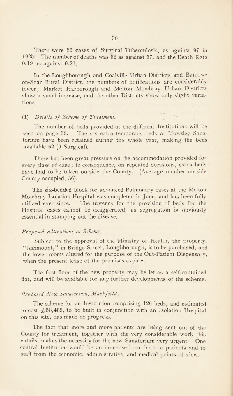 There were 89 cases of Surgical Tuberculosis, as against 97 in 1925. The number of deaths was 52 as against 57, and the Death Rate 0.19 as against 0.21. In the Loughborough and Coalville Urban Districts and Barrow- on-Soar Rural District, the numbers of notifications are considerably fewer; Market Harborough and Melton Mowbray Urban Districts show a small increase, and the other Districts show only slight varia¬ tions. (1) Details of Scheme of Treatment. The number of beds provided at the different Institutions will be seen on page 59. The six extra temporary beds at Mowsley Sana¬ torium have been retained during the whole year, making the beds available 62 (9 Surgical). There has been great pressure on the accommodation provided for every class of case; inconsequence, on repeated occasions, extra beds have had to be taken outside the County. (Average number outside County occupied, 36). The six-bedded block for advanced Pulmonary cases at the Melton Mowbray Isolation Hospital was completed in June, and has been fully utilized ever since. The urgency for the provision of beds for the Hospital cases cannot be exaggerated, as segregation is obviously essential in stamping out the disease. Proposed Alterations to Scheme. Subject to the approval of the Ministry of Health, the property, “Ashmount,” in Bridge Street, Loughborough, is to be purchased, and the lower rooms altered for the purpose of the Out-Patient Dispensary, when the present lease of the premises expires. The first floor of the new property may be let as a self-contained flat, and will be available for any further developments of the scheme. Proposed New Sanatorium, Markf ield. The scheme for an Institution comprising 126 beds, and estimated to cost ^58,469, to be built in conjunction with an Isolation Hospital on this site, has made no progress. The fact that more and more patients are being sent out of the County for treatment, together with the very considerable work this entails, makes the necessity for the new Sanatorium very urgent. One central Institution would be an immense boon both to patients and to staff from the economic, administrative, and medical points of view.
