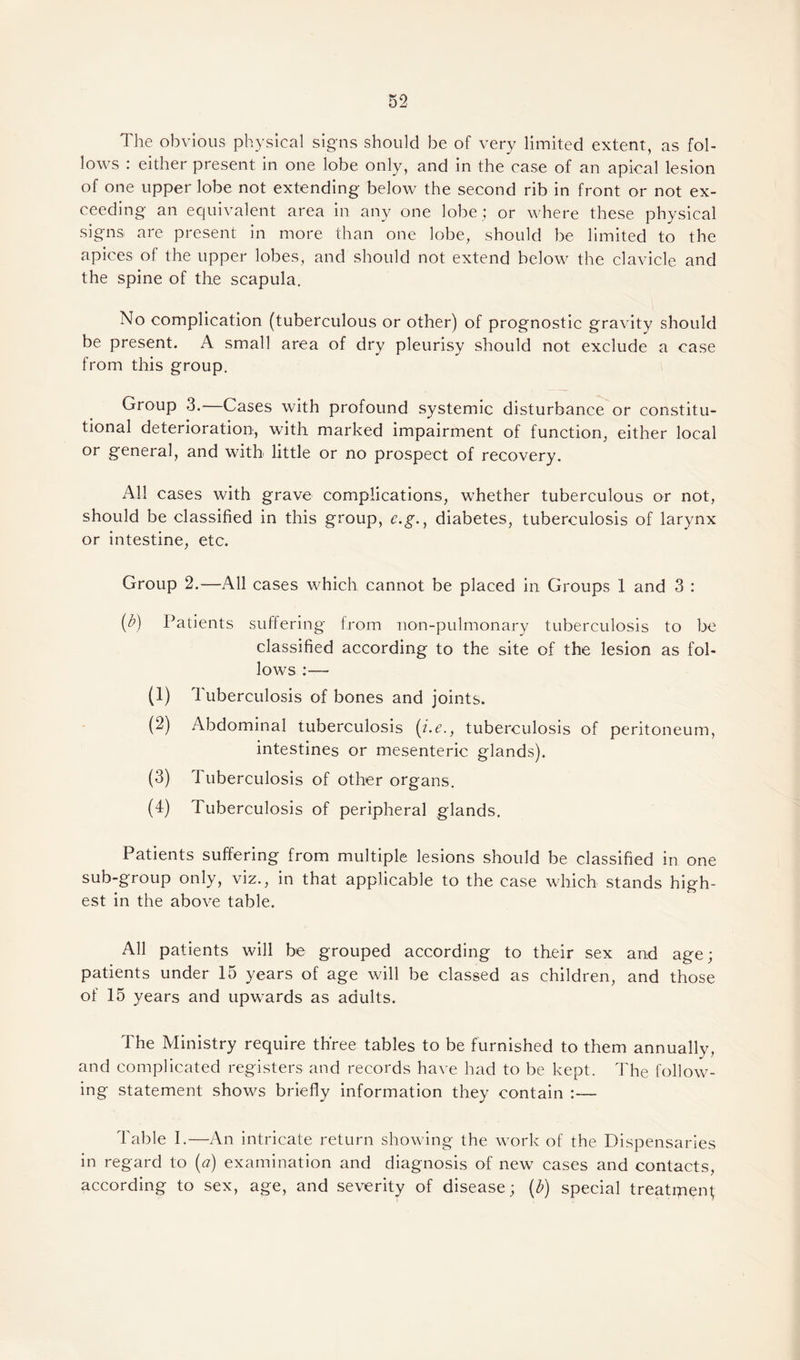 The obvious physical signs should be of very limited extent, as fol¬ lows : either present in one lobe only, and in the case of an apical lesion of one upper lobe not extending below the second rib in front or not ex¬ ceeding an equivalent area in any one lobe ; or where these physical signs are present in more than one lobe, should be limited to the apices of the upper lobes, and should not extend below the clavicle and the spine of the scapula. No complication (tuberculous or other) of prognostic gravity should be present. A small area of dry pleurisy should not exclude a case from this group. Group 3. Cases with profound systemic disturbance or constitu¬ tional deterioration, with marked impairment of function, either local or general, and with little or no prospect of recovery. All cases with grave complications, whether tuberculous or not, should be classified in this group, e.g.f diabetes, tuberculosis of larynx or intestine, etc. Group 2.—All cases which cannot be placed in Groups 1 and 3 : (b) Patients suffering from non-pulmonary tuberculosis to be classified according to the site of the lesion as fol¬ lows :— (1) Tuberculosis of bones and joints. (2) Abdominal tuberculosis (i.e., tuberculosis of peritoneum, intestines or mesenteric glands). (3) T uberculosis of other organs. (4) Tuberculosis of peripheral glands. Patients suffering from multiple lesions should be classified in one sub-group only, viz., in that applicable to the case which stands high¬ est in the above table. All patients will be grouped according to their sex and age; patients under 15 years of age will be classed as children, and those of 15 years and upwards as adults. The Ministry require three tables to be furnished to them annually, and complicated registers and records have had to be kept. The follow¬ ing statement shows briefly information they contain :— Table I.—An intricate return showing the work of the Dispensaries in regard to (a) examination and diagnosis of new cases and contacts, according to sex, age, and severity of disease; (b) special treatment