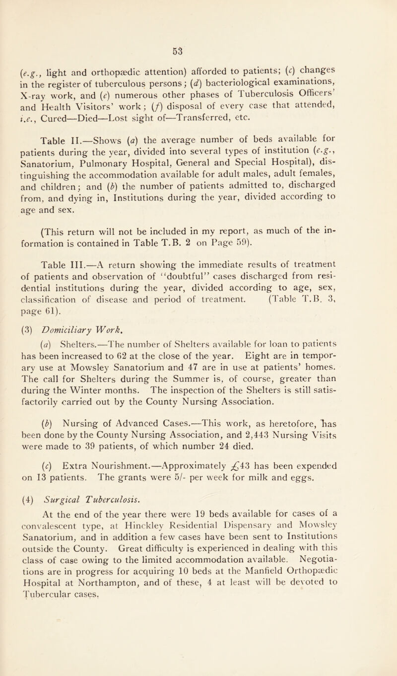 (e.g., light and orthopaedic attention) afforded to patients; (c) changes in the register of tuberculous persons; (d) bacteriological examinations, X-ray work, and (c) numerous other phases of T uberculosis Officers and Health Visitors’ work; (/) disposal of every case that attended, i.e., Cured—Died—Lost sight of—Transferred, etc. Table II.—Shows (a) the average number of beds available for patients during the year, divided into several types of institution (e.g., Sanatorium, Pulmonary Hospital, General and Special Hospital), dis¬ tinguishing the accommodation available for adult males, adult females, and children; and (b) the number of patients admitted to, discharged from, and dying in, Institutions during the year, divided according to age and sex. (This return will not be included in my report, as much of the in¬ formation is contained in Table T. B. 2 on Page 59). Table III.—A return showing the immediate results of treatment of patients and observation of “doubtful” cases discharged from resi¬ dential institutions during the year, divided according to age, sex, classification of disease and period of treatment. (Table T.B. 3, page 61). (3) Domiciliary Work. (a) Shelters.—The number of Shelters available for loan to patients has been increased to 62 at the close of the year. Eight are in tempor¬ ary use at Mowsley Sanatorium and 47 are in use at patients’ homes. The call for Shelters during the Summer is, of course, greater than during the Winter months. The inspection of the Shelters is still satis¬ factorily carried out by the County Nursing Association. (b) Nursing of Advanced Cases.—This work, as heretofore, Las been done by the County Nursing Association, and 2,443 Nursing Afisits were made to 39 patients, of which number 24 died. (c) Extra Nourishment.—Approximately £43 has been expended on 13 patients. The grants were 5/- per week for milk and eggs. (4) Surgical Tuberculosis. At the end of the year there were 19 beds available for cases of a convalescent type, at Hinckley Residential Dispensary and Mowsley Sanatorium, and in addition a few cases have been sent to Institutions outside the County. Great difficulty is experienced in dealing with this class of case owing to the limited accommodation available. Negotia¬ tions are in progress for acquiring 10 beds at the Manfield Orthopaedic Hospital at Northampton, and of these, 4 at least will be devoted to Tubercular cases.