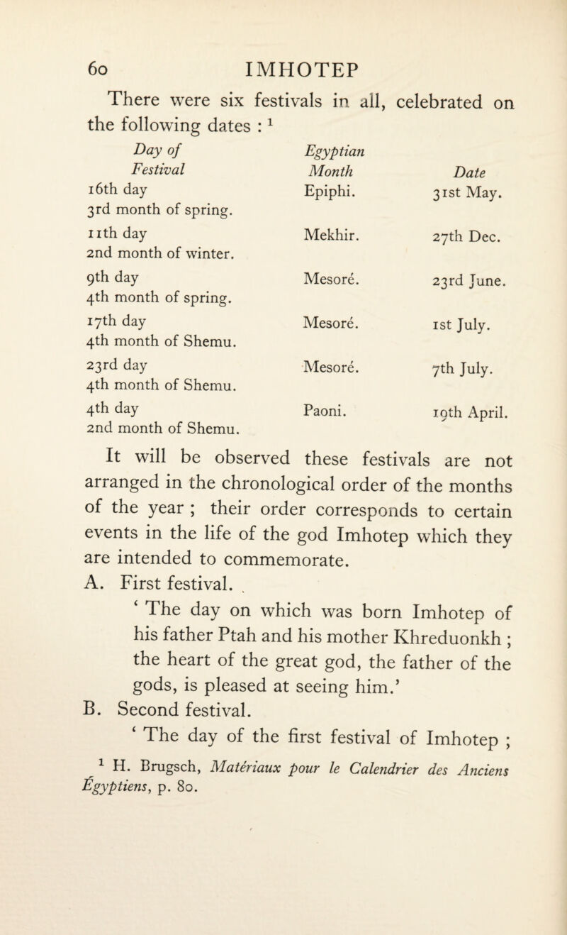 There were six festivals in all, celebrated on the following dates . 1 • Day of Egyptian Festival Month Date i6th day 3rd month of spring. Epiphi. 31st May. nth day 2nd month of winter. Mekhir. 27th Dec. 9th day 4th month of spring. Mesore. 23rd June. 17th day 4th month of Shemu. Mesore. 1st July. 23rd day 4th month of Shemu. Mesore. 7th July. 4th day 2nd month of Shemu. Paoni. 19th April. It will be observed these festivals are not arranged in the chronological order of the months of the year ; their order corresponds to certain events in the life of the god Imhotep which they are intended to commemorate. A. First festival. The day on which was born Imhotep of his father Ptah and his mother Khreduonkh ; the heart of the great god, the father of the gods, is pleased at seeing him.’ B. Second festival. ‘ The day of the first festival of Imhotep ; 1 H. Brugsch, Materiaux pour le Calendrier des Anciens Egyptiens, p. 80.