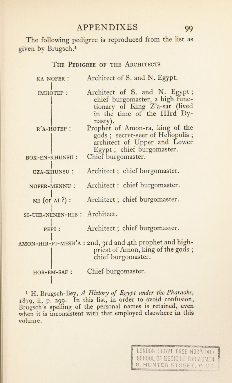 The following pedigree is reproduced from the list as given by Brugsch.1 The Pedigree of the Architects ka nofer : Architect of S. and N. Egypt. IMHOTEP : r’a-hotep : BOK-EN-KHUNSU : Architect of S. and N. Egypt ; chief burgomaster, a high func¬ tionary of King Z’a-sar (lived in the time of the Illrd Dy- nasty)- Prophet of Amon-ra, king of the gods ; secret-seer of Heliopolis ; architect of Upper and Lower Egypt ; chief burgomaster. Chief burgomaster. uza-khunsu : Architect ; chief burgomaster. nofer-mennu : Architect : chief burgomaster. mi (or Al ?) : Architect; chief burgomaster. si-uer-nenen-hib : Architect. pepi : Architect ; chief burgomaster. amon-hir-pi-mesh’a : 2nd, 3rd and 4th prophet and high- priest of Amon, king of the gods ; chief burgomaster. hor-em-saf : Chief burgomaster. 1 H. Brugsch-Bey, A History of Egypt under the Pharaohs, 1879, ii, p. 299. In this list, in order to avoid confusion, Brugsch’s spelling of the personal names is retained, even when it is inconsistent with that employed elsewhere in this volume.