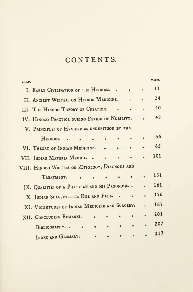 CONTENTS. CHAP. I. Early Civilisation of the Hindoos. . • II. Ancient Writers on Hindoo Medicine. III. The Hindoo Theory of Creation. IV. Hindoo Practice during Period of Nubility. V. Principles of Hygiene as understood by the Hindoos. VI. Theory of Indian Medicine. • • • VII. Indian Materia Medica. • VIII. Hindoo Writers on Aetiology, Diagnosis and Treatment. ♦ • • • • IX. Qualities of a Physician and his Prognosis. . X. Indian Surgery—its Rise and Fall. . XI. Vicissitudes of Indian Medicine and Surgery. XII. Concluding Remarks. Bibliography. ..•••• Index and Glossary. * PAGE. 11 24 40 45 56 85 101 151 161 176 187 201 207 . 217