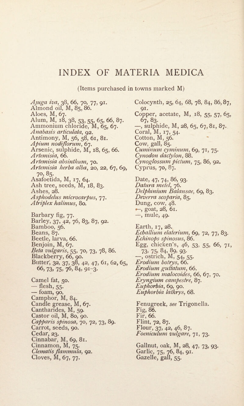 (Items purchased in towns marked M) Ajuga iva, 38, 66, 70, 77, 91. Almond oil, M, 85, 86. Aloes, M, 67. Alum, M, 18, 38, 53, 55, 65, 66, 87. Ammonium chloride, M, 65, 67. Anabasis articulaia, 92. Antimony, M, 56, 58, 61, 81. Apium nodiflorum, 67. Arsenic, sulphide, M, 18, 65, 66. Artemisia, 66. A rtemisia absinthum, 70. Artemisia herba alba, 20, 22, 67, 69, 7°, 85. Asafoetida, M, 17, 64. Ash tree, seeds, M, 18, 83. Ashes, 28. Asphodelus microcarpus, 77. A triplex halimus, 80. Barbary fig, 77. Barley, 37, 42, 76, 83, 87, 92. Bamboo, 56. Beans, 87. Beetle, larva, 66. Benjoin, M, 67. Beta vulgaris, 55, 70, 73, 78, 86. Blackberry, 66, 90. Butter, 32, 37, 38, 42, 47, 61, 62, 65, 66, 73, 75, 76, 84, 91-3. Camel fat, 50. — flesh, 55. — foam, 90. Camphor, M, 84. Candle grease, M, 67. Cantharides, M, 59. Castor oil, M, 80, 90. Capparis spinosa, 70, 72, 73, 89. Carrot, seeds, 90. Cedar, 23. Cinnabar, M, 69, 81. Cinnamon, M, 75, Clematis flammula, 92. Cloves, M, 67, 77. Colocynth, 25, 64, 68, 78, 84, 86,87, 91- Copper, acetate, M, 18, 55, 57, 65, 67, 83. —, sulphide, M, 28, 65, 67,81, 87. Coral, M, 17, 54. Cotton, M, 56. Cow, gall, 85. Cuminum cyminum, 69, 71, 75. Cynodon dactylon, 88. Cynoglossum pictum, 75, 86, 92. Cyprus, 70, 87. Date, 47, 74, 86, 93. Datura metel, 76. Delphinium Balansae, 69, 83. Deverra scop aria, 85. Dung, cow, 48. goat, 28, 61. —, mule, 49. Earth, 17, 28. Ecballium elaterium, 69, 72, 77, 83. Echinops spinosus, 86. Egg, chicken’s, 46, 53, 55, 66, 71, 73, 75, 84, 89, 93. —, ostrich, M, 54, 55. Erodium botrys, 66. Erodium guttatum, 66. Erodium malocoides, 66, 67, 70. Eryngium campestre, 87. Euphorbia, 69, 90. Euphorbia lathrys, 68. Fenugreek, Trigonella. Fig, 86. Fir, 66. Flint, 72, 87. Flour, 37, 42, 46, 87. Foeniculum vulgare, 71, 73. Gallnut, oak, M, 28, 47, 73, 93. Garlic, 75, 76, 84, 91. Gazelle, gall, 55.