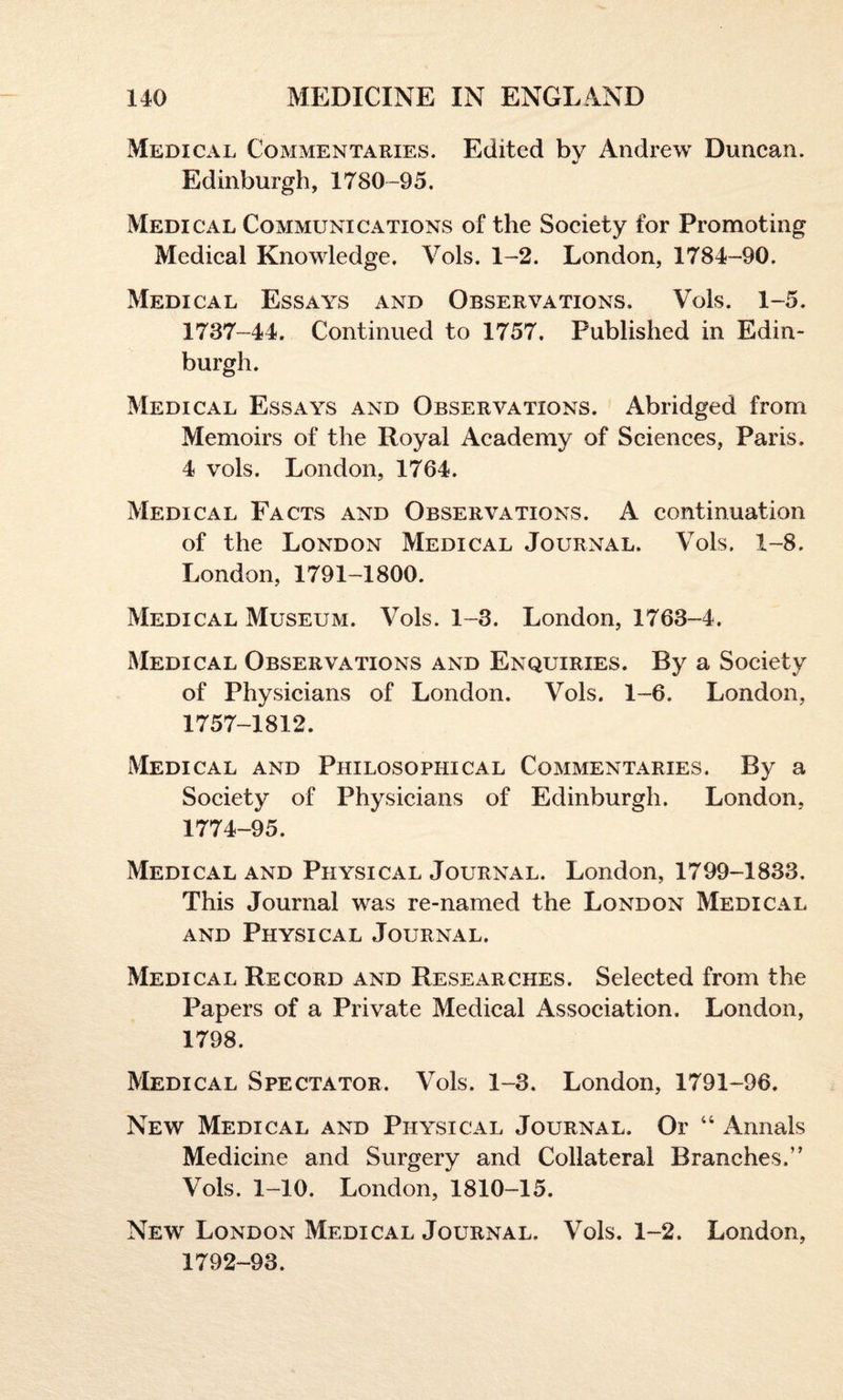 Medical Commentaries. Edited by Andrew Duncan. Edinburgh, 1780-95. Medical Communications of the Society for Promoting Medical Knowledge, Vols. 1-2. London, 1784-90. Medical Essays and Observations. Vols. 1-5. 1737-44. Continued to 1757. Published in Edin¬ burgh. Medical Essays and Observations. Abridged from Memoirs of the Royal Academy of Sciences, Paris. 4 vols. London, 1764. Medical Facts and Observations. A continuation of the London Medical Journal. Vols. 1-8. London, 1791-1800. Medical Museum. Vols. 1-3. London, 1763-4. Medical Observations and Enquiries. By a Society of Physicians of London. Vols. 1-6. London, 1757-1812. Medical and Philosophical Commentaries. By a Society of Physicians of Edinburgh. London, 1774-95. Medical and Physical Journal. London, 1799-1833. This Journal was re-named the London Medical and Physical Journal. Medical Record and Researches. Selected from the Papers of a Private Medical Association. London, 1798. Medical Spectator. Vols. 1-3. London, 1791-96. New Medical and Physical Journal. Or “ Annals Medicine and Surgery and Collateral Branches.” Vols. 1-10. London, 1810-15. New London Medical Journal. Vols. 1-2. London, 1792-93.