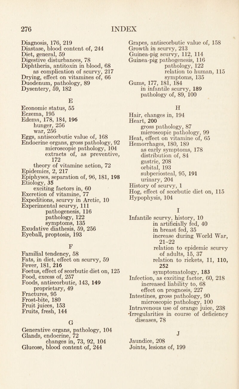 Diagnosis, 176, 219 Diastase, blood content of, 244 Diet, general, 59 Digestive disturbances, 78 Diphtheria, antitoxin in blood, 68 as complication of scurvy, 217 Drying, effect on vitamines of, 66 Duodenum, pathology, 89 Dysentery, 59, 182 E Economic status, 55 Eczema, 195 Edema, 178, 184, 196 hunger, 256 war, 256 Eggs, antiscorbutic value of, 168 Endocrine organs, gross pathology, 92 microscopic pathology, 104 extracts of, as preventive, 172 theory of vitamine action, 72 Epidemics, 2, 217 Epiphyses, separation of, 96, 181, 198 Etiology, 35 exciting factors in, 60 Excretion of vitamine, 77 Expeditions, scurvy in Arctic, 10 Experimental scurvy, 111 pathogenesis, 116 pathology, 122 symptoms, 135 Exudative diathesis, 59, 256 Eyeball, proptosis, 193 F Familial tendency, 58 Fats, in diet, effect on scurvy, 59 Fever, 181, 216 Foetus, effect of scorbutic diet on, 125 Food, excess of, 257 Foods, antiscorbutic, 143, 149 proprietary, 49 Fractures, 95 Frost-bite, 180 Fruit juices, 153 Fruits, fresh, 144 G Generative organs, pathology, 104 Glands, endocrine, 72 changes in, 73, 92, 104 Glucose, blood content of, 244 Grapes, antiscorbutic value of, 158 Growth in scurvy, 213 Guinea-pig scurvy, 112, 114 Guinea-pig pathogenesis, 116 pathology, 122 relation to human, 115 symptoms, 135 Gums, 177, 181, 184 in infantile scurvy, 189 pathology of, 89, 100 H Hair, changes in, 194 Heart, 200 gross pathology, 87 microscopic pathology, 99 Heat, effect on vitamine of, 65 Hemorrhages, 180, 189 as early symptoms, 178 distribution of, 84 gastric, 208 orbital, 193 subperiosteal, 95, 191 urinary, 204 History of scurvy, 1 Hog, effect of scorbutic diet on, 115 Hypophysis, 104 I Infantile scurvy, history, 10 in artificially fed, 40 in breast fed, 35 increase during World War, 21-22 relation to epidemic scurvy of adults, 15, 37 relation to rickets, 11, 110, 252 symptomatology, 183 Infection, as exciting factor, 60, 218 increased liability to, 68 effect on prognosis, 227 Intestines, gross pathology, 90 microscopic pathology, 100 Intravenous use of orange juice, 238 -Irregularities in course of deficiency diseases, 78 J Jaundice, 208 Joints, lesions of, 199