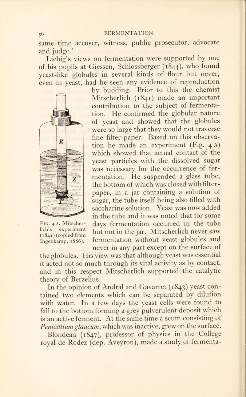 same time accuser, witness, public prosecutor, advocate and judged Liebig’s views on fermentation were supported by one of his pupils at Giessen, Schlossberger (1844), who found yeast-like globules in several kinds of flour but never, even in yeast, had he seen any evidence of reproduction by budding. Prior to this the chemist Mitscherlich (1841) made an important contribution to the subject of fermenta¬ tion. He confirmed the globular nature of yeast and showed that the globules were so large that they would not traverse fine filter-paper. Based on this observa¬ tion he made an experiment (Fig. 4 a) which showed that actual contact of the yeast particles with the dissolved sugar was necessary for the occurrence of fer¬ mentation. He suspended a glass tube, the bottom of which was closed with filter- paper, in a jar containing a solution of sugar, the tube itself being also filled with saccharine solution. Yeast was now added in the tube and it was noted that for some days fermentation occurred in the tube but not in the jar. Mitscherlich never saw fermentation without yeast globules and never in any part except on the surface of the globules. His view was that although yeast was essential it acted not so much through its vital activity as by contact, and in this respect Mitscherlich supported the catalytic theory of Berzelius. In the opinion of Andral and Gavarret (1843) yeast con¬ tained two elements which can be separated by dilution with water. In a few days the yeast cells were found to fall to the bottom forming a grey pulverulent deposit which is an active ferment. At the same time a scum consisting of Penicillium glaucum, which was inactive, grew on the surface. Blondeau (1847), professor of physics in the College royal de Rodez (dep. Aveyron), made a study of fermenta- Fig. 4 a. Mitscher- lich’s experiment (1841) (copied from Ingenkamp, 1886).