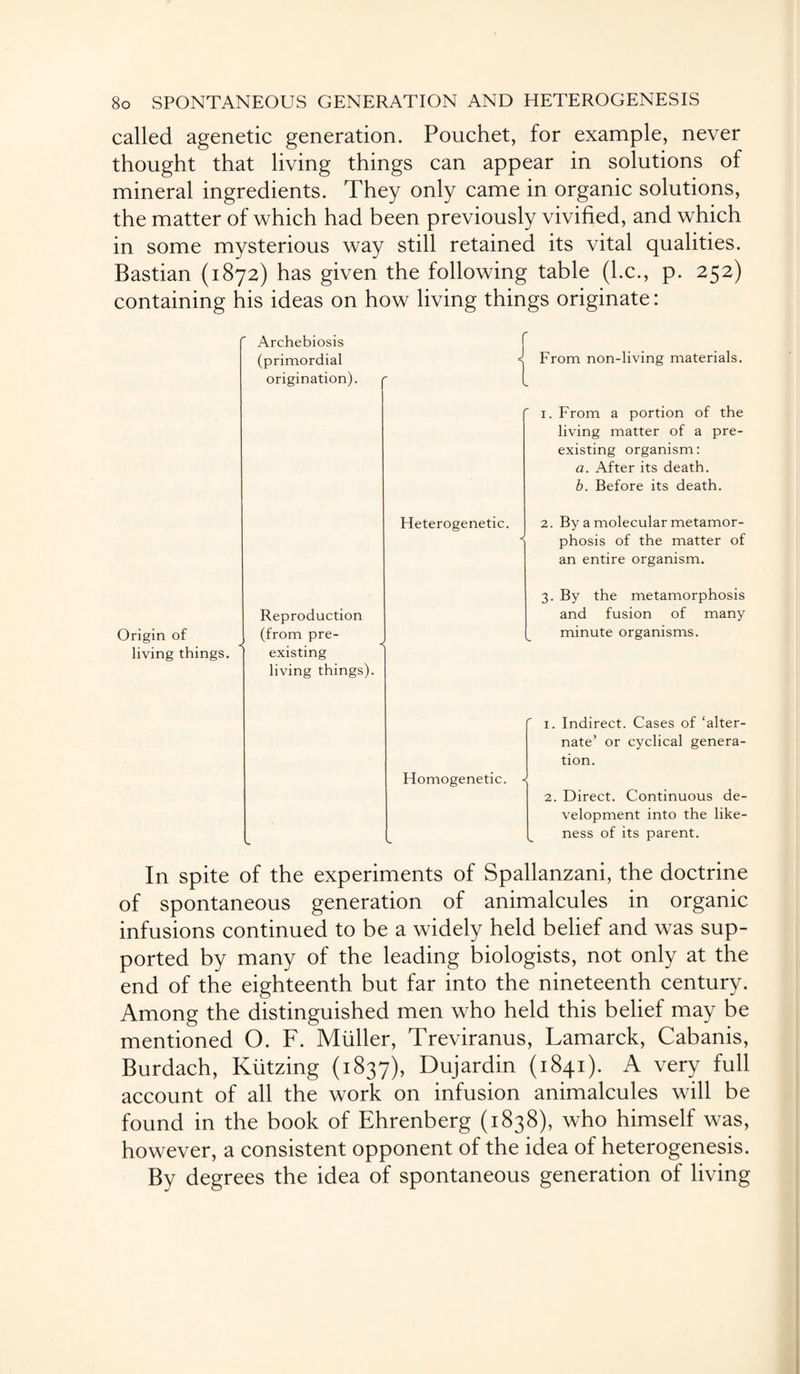 called agenetic generation. Pouchet, for example, never thought that living things can appear in solutions of mineral ingredients. They only came in organic solutions, the matter of which had been previously vivified, and which in some mysterious way still retained its vital qualities. Bastian (1872) has given the following table (l.c., p. 252) containing his ideas on how living things originate: Archebiosis (primordial origination). ^ From non-living materials. ' 1. From a portion of the living matter of a pre¬ existing organism: a. After its death. b. Before its death. Heterogenetic. « 2. By a molecular metamor¬ phosis of the matter of an entire organism. Origin of living things. Reproduction (from pre¬ existing living things). 3. By the metamorphosis and fusion of many minute organisms. Homogenetic. 1. Indirect. Cases of ‘alter¬ nate’ or cyclical genera¬ tion. 2. Direct. Continuous de¬ velopment into the like¬ ness of its parent. In spite of the experiments of Spallanzani, the doctrine of spontaneous generation of animalcules in organic infusions continued to be a widely held belief and was sup¬ ported by many of the leading biologists, not only at the end of the eighteenth but far into the nineteenth century. Among the distinguished men who held this belief may be mentioned O. F. Muller, Treviranus, Lamarck, Cabanis, Burdach, Kutzing (1837), Dujardin (1841). A very full account of all the work on infusion animalcules will be found in the book of Ehrenberg (1838), who himself was, however, a consistent opponent of the idea of heterogenesis. By degrees the idea of spontaneous generation of living