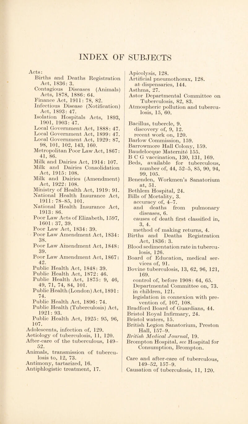 INDEX OF SUBJECTS Acts: Births and Deaths Registration Act, 1836: 3. Contagious Diseases (Animals) Acts, 1878, 1886: 64. Finance Act, 1911: 78, 82. Infectious Disease (Notification) Act, 1893: 47. Isolation Hospitals Acts, 1893, 1901, 1903: 47. Local Government Act, 1888: 47. Local Government Act, 1899: 47. Local Government Act, 1929: 87, 98, 101, 102, 143, 160. Metropolitan Poor Law Act, 1867: 41, 86. Milk and Dairies Act, 1914: 107. Milk and Dairies Consolidation Act, 1915: 108. Milk and Dairies (Amendment) Act, 1922: 108. Ministry of Health Act, 1919: 91. National Health Insurance Act, 1911: 78-85, 101. National Health Insurance Act, 1913: 86. Poor Law Acts of Elizabeth, 1597, 1601: 37, 39. Poor Law Act, 1834: 39. Poor Law Amendment Act, 1834: 38. Poor Law Amendment Act, 1848: 39. Poor Law Amendment Act, 1867: 42. Public Health Act, 1848: 39. Public Health Act, 1872: 46. Public Health Act, 1875: 9, 46, 49, 71, 74, 84, 101. Public Health (London) Act, 1891: 74. Public Health Act, 1896: 74. Public Health (Tuberculosis) Act, 1921: 93. Public Health Act, 1925: 95, 96, 107. Adolescents, infection of, 129. Aetiology of tuberculosis, 11, 120. After-care of the tuberculous, 149- 52. Animals, transmission of tubercu¬ losis to, 12, 73. Antimony, tartarized, 16. Apicolysis, 128. Artificial pneumothorax, 128. at dispensaries, 144. Asthma, 27. Astor Departmental Committee on Tuberculosis, 82, 83. Atmospheric pollution and tubercu¬ losis, 15, 60. Bacillus, tubercle, 9. discovery of, 9, 12. recent work on, 120. Barlow Commission, 159. Barrowmore Hall Colony, 159. Baudelocque Maternite 155. BCG vaccination, 130, 131, 169. Beds, available for tuberculous, number of, 44, 52-5, 85, 90, 94, 99, 105. Benenden, Workmen’s Sanatorium at, 51. Bethlem Hospital, 24. Bills of Mortality, 3. accuracy of, 4—7. and deaths from pulmonary diseases, 6. causes of death first classified in, 3, 4. method of making returns, 4. Births and Deaths Registration Act, 1836: 3. Blood sedimentation rate in tubercu¬ losis, 126. Board of Education, medical ser¬ vices of, 91. Bovine tuberculosis, 13, 62, 96, 121, 169. control of, before 1908: 64, 65. Departmental Committee on, 73. in children, 121. legislation in connexion with pre¬ vention of, 107, 108. Bradford Board of Guardians, 44. Bristol Royal Infirmary, 24. Bristol waters, 15. British Legion Sanatorium, Preston Hall, 157-9. British Medical Journal, 19. Brompton Hospital, see Hospital for Consumption, Brompton. Care and after-care of tuberculous, 149-52, 157-9.