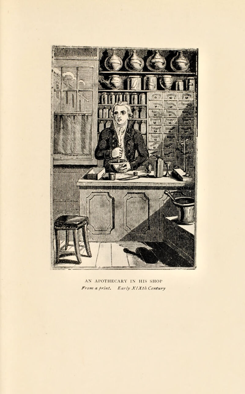 AN APOTHECARY IN HIS SHOP From a print. Early XIXt/i Century