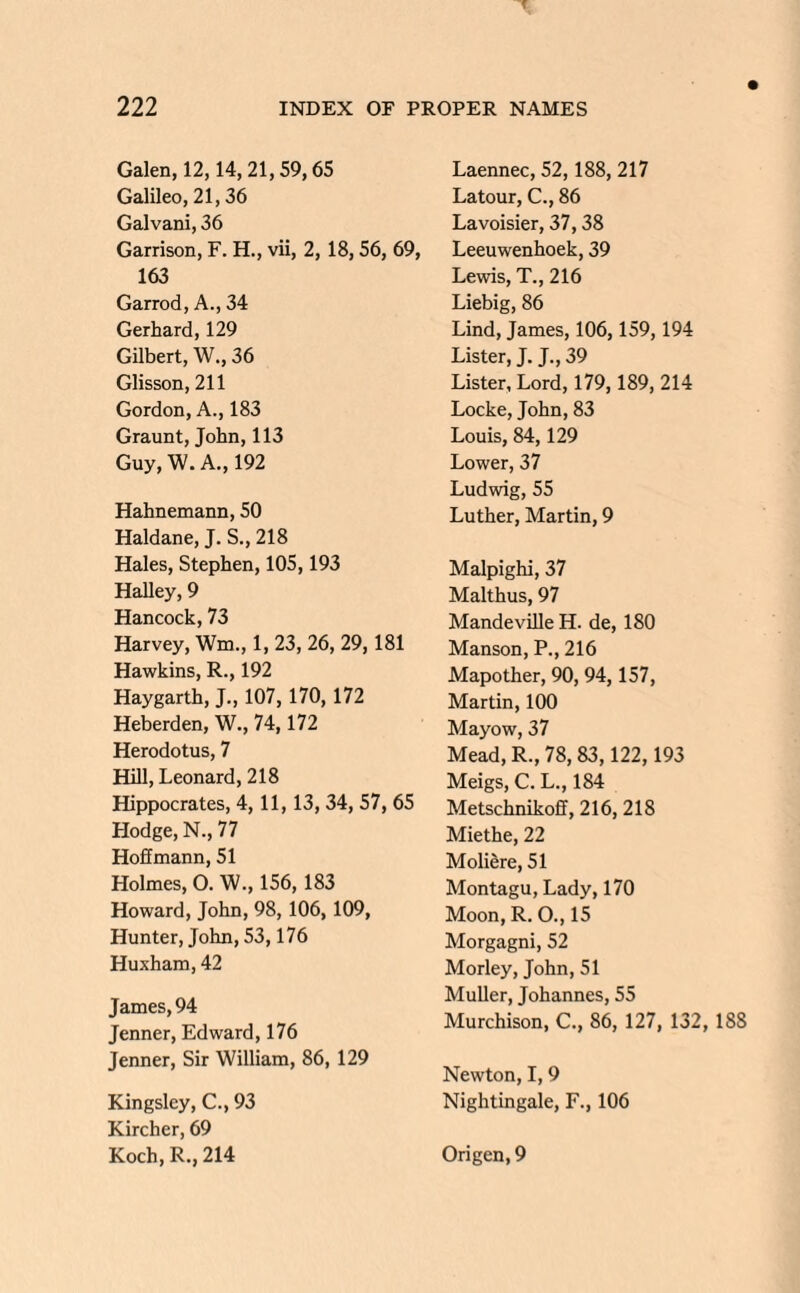 Galen, 12,14,21,59,65 Galileo, 21,36 Galvani, 36 Garrison, F. H., vii, 2, 18,56, 69, 163 Garrod, A., 34 Gerhard, 129 Gilbert, W., 36 Glisson, 211 Gordon, A., 183 Graunt, John, 113 Guy, W. A., 192 Hahnemann, 50 Haldane, J. S., 218 Hales, Stephen, 105,193 Halley, 9 Hancock,73 Harvey, Wm., 1, 23, 26, 29,181 Hawkins, R., 192 Haygarth, J., 107,170,172 Heberden, W., 74,172 Herodotus, 7 Hill, Leonard, 218 Hippocrates, 4,11, 13, 34, 57, 65 Hodge, N., 77 Hoffmann, 51 Holmes, O. W., 156, 183 Howard, John, 98,106, 109, Hunter, John, 53,176 Huxham, 42 James, 94 Jenner, Edward, 176 Jenner, Sir William, 86, 129 Kingsley, C., 93 Kircher, 69 Koch, R., 214 Laennec, 52,188, 217 Latour, C., 86 Lavoisier, 37,38 Leeuwenhoek, 39 Lewis, T., 216 Liebig, 86 Lind, James, 106,159,194 Lister, J. J., 39 Lister, Lord, 179,189, 214 Locke, John, 83 Louis, 84,129 Lower, 37 Ludwig, 55 Luther, Martin, 9 Malpighi, 37 Malthus, 97 Mandeville H. de, ISO Manson, P., 216 Mapother, 90, 94,157, Martin, 100 Mayow, 37 Mead, R., 78, 83,122, 193 Meigs, €. L., 184 Metschnikoff, 216, 218 Miethe, 22 Moliere, 51 Montagu, Lady, 170 Moon, R. O., 15 Morgagni, 52 Morley, John, 51 Muller, Johannes, 55 Murchison, C., 86, 127, 132, 188 Newton, 1,9 Nightingale, F., 106 Origen, 9