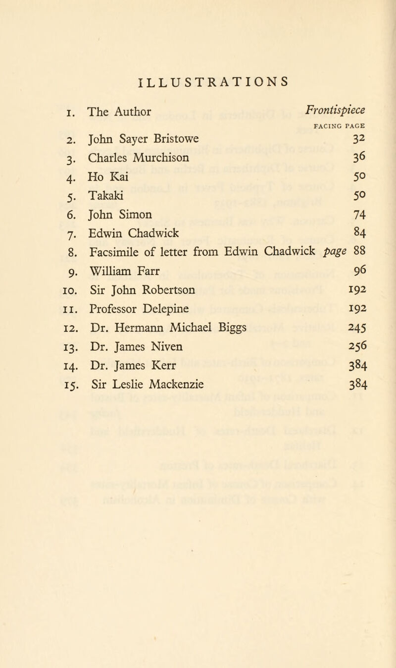 ILLUSTRATIONS 1. The Author Frontispiece FACING PAGE 2. John Sayer Bristowe 32 3. Charles Murchison 36 4. Ho Kai 5° 5. Takaki 5° 6. John Simon 74 7. Edwin Chadwick 84 8. Facsimile of letter from Edwin Chadwick page 88 9. William Farr 96 10. Sir John Robertson 192 11. Professor Delepine 192 12. Dr. Hermann Michael Biggs 245 13. Dr. James Niven 256 14. Dr. James Kerr 384 15. Sir Leslie Mackenzie 384