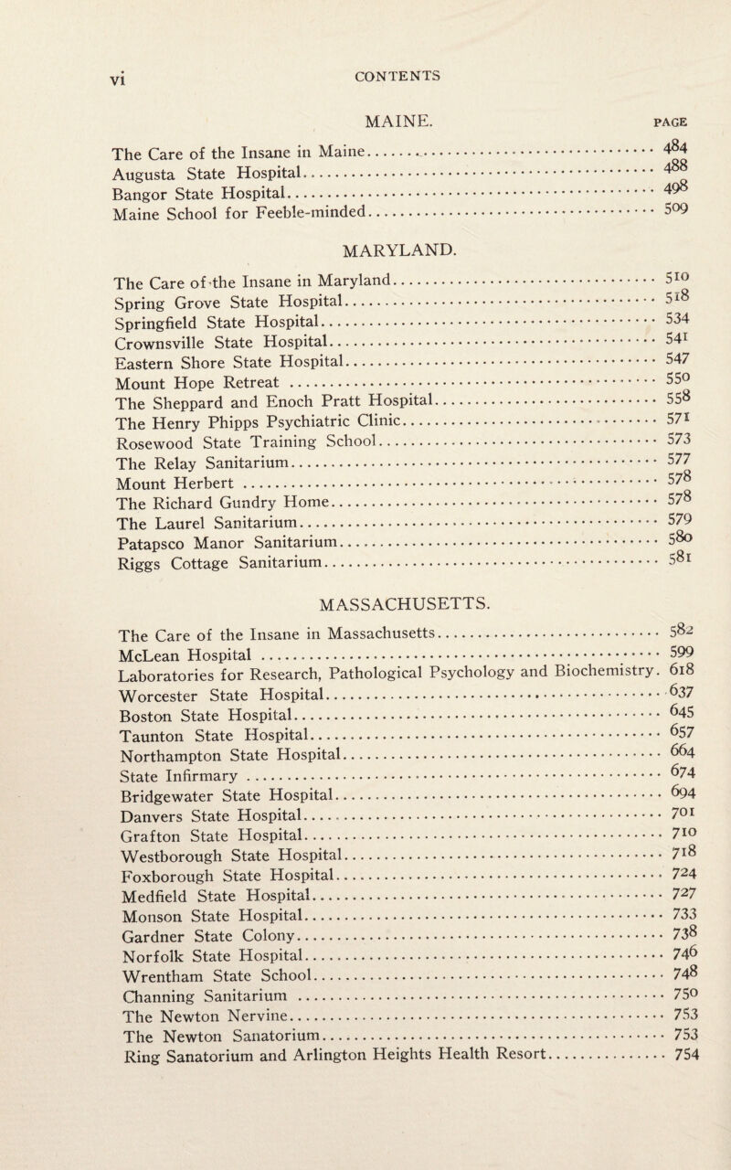 MAINE. PAGE The Care of the Insane in Maine Augusta State Hospital.. Bangor State Hospital. Maine School for Feeble-minded 484 488 498 509 MARYLAND. The Care of-the Insane in Maryland. Spring Grove State Hospital. Springfield State Hospital. Crownsville State Hospital. Eastern Shore State Hospital. Mount Hope Retreat . The Sheppard and Enoch Pratt Hospital... The Henry Phipps Psychiatric Clinic. Rosewood State Training School. The Relay Sanitarium. Mount Herbert . The Richard Gundry Home. The Laurel Sanitarium. Patapsco Manor Sanitarium.. Riggs Cottage Sanitarium. 510 5i8 534 54i 547 550 558 571 573 577 578 578 579 580 581 MASSACHUSETTS. The Care of the Insane in Massachusetts. 582 McLean Hospital . 599 Laboratories for Research, Pathological Psychology and Biochemistry. 618 Worcester State Hospital.637 Boston State Hospital. 645 Taunton State Hospital. 657 Northampton State Hospital. 664 State Infirmary. 674 Bridgewater State Hospital. 694 Danvers State Hospital. 701 Grafton State Hospital. 7IG Westborough State Hospital..•••• 718 Foxborough State Hospital..... 724 Medfield State Hospital. 727 Monson State Hospital. 733 Gardner State Colony. 738 Norfolk State Hospital. 746 Wrentham State School. 748 Channing Sanitarium . 75° The Newton Nervine. 753 The Newton Sanatorium..... 753 Ring Sanatorium and Arlington Heights Health Resort. 754
