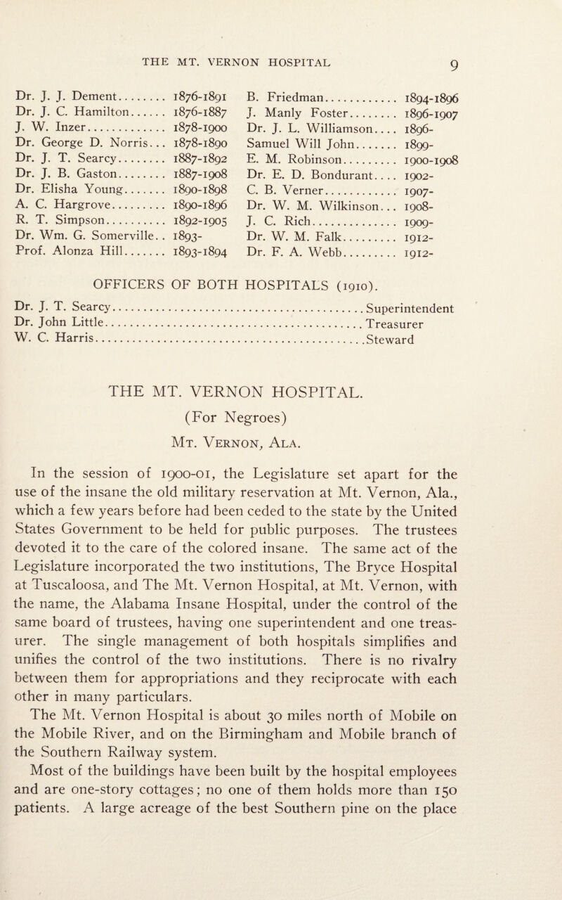 Dr. J. J. Dement. 1876-1891 Dr. J. C. Hamilton. 1876-1887 J. W. Inzer. 1878-1900 Dr. George D. Norris... 1878-1890 Dr. J. T. Searcy. 1887-1892 Dr. J. B. Gaston. 1887-1908 Dr. Elisha Young. 1890-1898 A. C. Hargrove. 1890-1896 R. T. Simpson. 1892-1905 Dr. Wm. G. Somerville. . 1893- Prof. Alonza Hill. 1893-1894 B. Friedman. 1894-1896 J. Manly Foster. 1896-1907 Dr. J. L. Williamson.... 1896- Samuel Will John. 1899- E. M. Robinson. 1900-1908 Dr. E. D. Bondurant.. .. 1902- C. B. Verner. 1907- Dr. W. M. Wilkinson... 1908- J. C. Rich. 1909- Dr. W. M. Falk.. 1912- Dr. F. A. Webb. 1912- OFFICERS OF BOTH HOSPITALS (1910). Dr. J. T. Searcy.Superintendent Dr. John Little.Treasurer W. C. Harris.Steward THE MT. VERNON HOSPITAL. (For Negroes) Mt. Vernon, Ala. In the session of 1900-01, the Legislature set apart for the use of the insane the old military reservation at Mt. Vernon, Ala., which a few years before had been ceded to the state by the United States Government to be held for public purposes. The trustees devoted it to the care of the colored insane. The same act of the Legislature incorporated the two institutions, The Bryce Hospital at Tuscaloosa, and The Mt. Vernon Hospital, at Mt. Vernon, with the name, the Alabama Insane Hospital, under the control of the same board of trustees, having one superintendent and one treas¬ urer. The single management of both hospitals simplifies and unifies the control of the two institutions. There is no rivalry between them for appropriations and they reciprocate with each other in many particulars. The Mt. Vernon Hospital is about 30 miles north of Mobile on the Mobile River, and on the Birmingham and Mobile branch of the Southern Railway system. Most of the buildings have been built by the hospital employees and are one-story cottages; no one of them holds more than 150 patients. A large acreage of the best Southern pine on the place