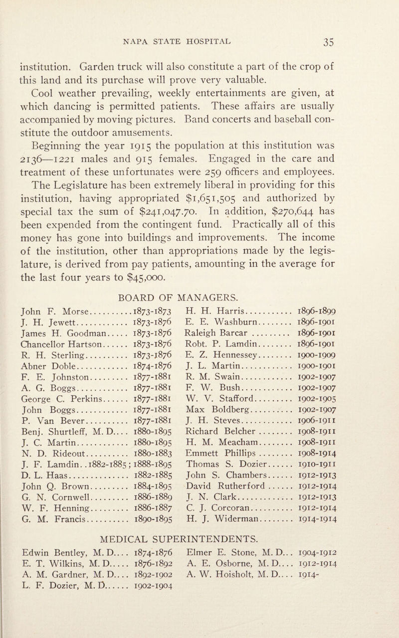 institution. Garden truck will also constitute a part of the crop of this land and its purchase will prove very valuable. Cool weather prevailing, weekly entertainments are given, at which dancing is permitted patients. These affairs are usually accompanied by moving pictures. Band concerts and baseball con¬ stitute the outdoor amusements. Beginning the year 1915 the population at this institution was 2136—1221 males and 915 females. Engaged in the care and treatment of these unfortunates were 259 officers and employees. The Legislature has been extremely liberal in providing for this institution, having appropriated $1,651,505 and authorized by special tax the sum of $241,047.70. In addition, $270,644 has been expended from the contingent fund. Practically all of this money has gone into buildings and improvements. The income of the institution, other than appropriations made by the legis¬ lature, is derived from pay patients, amounting in the average for the last four years to $45,000. BOARD OF MANAGERS. John F. Morse. ....1873-1873 H. H. Harris. 1896-1899 J. H. Jewett. ... 1873-1876 E. E. Washburn. 1896-1901 James H. Goodman.. ... 1873-1876 Raleigh Barcar. 1896-1901 Chancellor Hartson.. ., ... 1873-1876 Robt. P. Lamdin. 1896-1901 R. H. Sterling. ••• 1873-1876 E. Z. Hennessey. 1900-1909 Abner Doble. ... 1874-1876 J. L. Martin. 1900-1901 F. E. Johnston. ... 1877-1881 R. M. Swain. 1902-1907 A. G. Boggs. ... 1877-1881 F. W. Bush. 1902-1907 George C. Perkins... ... 1877-1881 W. V. Stafford. 1902-1905 John Boggs. ... 1877-1881 Max Boldberg. 1902-1907 P. Van Bever. ... 1877-1881 J. H. Steves. 1906-1911 Benj. Shurtleff, M. D. ... 1880-1895 Richard Belcher. 1908-1911 J. C. Martin. ... 1880-1895 H. M. Meacham. 1908-1911 N. D. Rideout. . .. 1880-1883 Emmett Phillips. 1908-1914 J. F. Lamdin. .1882-1885 ; 1888-1895 Thomas S. Dozier. 1910-1911 D. L. Haas. ... 1882-1885 John S. Chambers. 1912-1913 John Q. Brown. ... 1884-1895 David Rutherford. 1912-1914 G. N. Cornwell. ... 1886-1889 J. N. Clark. 1912-1913 W. F. Henning. ... 1886-1887 C. J. Corcoran. 1912-1914 G. M. Francis. ... 1890-1895 H. J. Widerman. 1914-1914 MEDICAL SUPERINTENDENTS. Edwin Bentley, M. D. ... 1874-1876 Elmer E. Stone, M. D... 1904-1912 E. T. Wilkins, M.D.. ... 1876-1892 A. E. Osborne, M. D.... 1912-1914 A. M. Gardner, M. D. ... 1892-1902 A. W. Hoisholt, M. D.... 1914- L. F. Dozier, M. D... ... 1902-1904