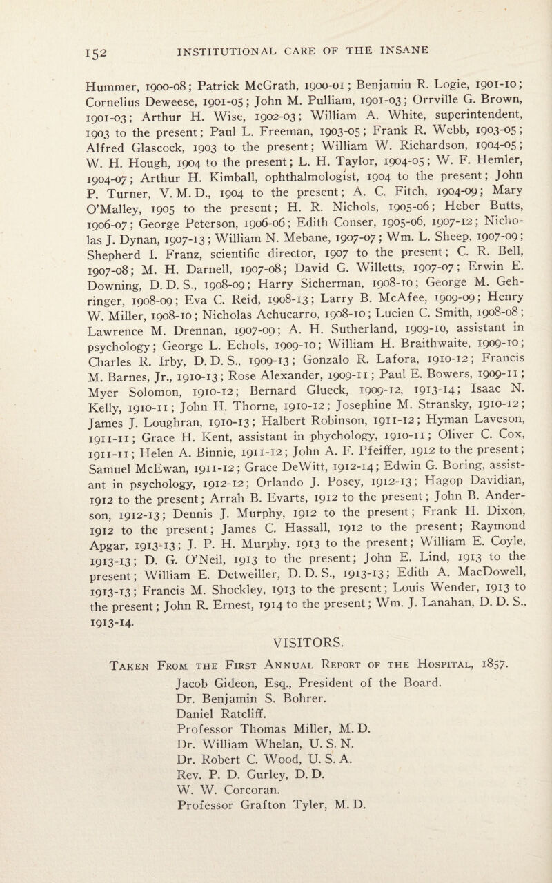 Hummer, 1900-08; Patrick McGrath, 1900-01; Benjamin R. Logie, 1901-10; Cornelius Deweese, 1901-05; John M. Pulliam, 1901-03; Orrville G. Brown, 1901-03; Arthur H. Wise, 1902-03; William A. White, superintendent, 1903 to the present; Paul L. Freeman, 1903-05; Frank R. Webb, I9°3_°5 J Alfred Glascock, 1903 to the present; William W. Richardson, 1904-05; W. H. Hough, 1904 to the present; L. H. Taylor, 1904-05; W. F. Hemler, 1904-07; Arthur H. Kimball, ophthalmologist, 1904 to the present; John P. Turner, V. M. D., 1904 to the present; A. C. Fitch, 1904-09; Mary O’Malley, 1905 to the present; H. R. Nichols, 1905-06; Heber Butts, 1906- 07; George Peterson, 1906-06; Edith Conser, 1905-06, 1907-12; Nicho¬ las J. Dynan, 1907-13; William N. Mebane, 1907-07; Wm. L. Sheep, 1907-09; Shepherd I. Franz, scientific director, 1907 to the present; C. R. Bell, 1907- 08; M. H. Darnell, 1907-08; David G. Willetts, 1907-07; Erwin E. Downing, D. D. S., 1908-09; Harry Sicherman, 1908-10; George M. Geh- ringer, 1908-09; Eva C. Reid, 1908-13; Larry B. McAfee, 1909-09; Henry W. Miller, 1908-10; Nicholas Achucarro, 1908-10; Lucien C. Smith, 1908-08; Lawrence M. Drennan, 1907-09; A. H. Sutherland, 1909-10, assistant in psychology; George L. Echols, 1909-10; William H. Braithwaite, 1909-10; Charles R. Irby, D. D. S., 1909-13; Gonzalo R. Lafora, 1910-12; Francis M. Barnes, Jr., 1910-13; Rose Alexander, 1909-11; Paul E. Bowers, 1909-11; Myer Solomon, 1910-12; Bernard Glueck, 1909-12, 1913-14; Isaac N. Kelly, 1910-n; John H. Thorne, 1910-12; Josephine M. Stransky, 1910-12; James J. Loughran, 1910-13; Halbert Robinson, 1911-12; Hyman Laveson, 1911-11; Grace H. Kent, assistant in phychology, 1910-11; Oliver C. Cox, 1911-11; Helen A. Binnie, 1911-12; John A. F. Pfeiffer, 1912 to the present, Samuel McEwan, 1911-12; Grace DeWitt, 1912-14; Edwin G. Boring, assist¬ ant in psychology, 1912-12; Orlando J. Posey, 1912-13; Hagop Davidian, 1912 to the present; Arrah B. Evarts, 1912 to the present; John B. Ander¬ son, 1912-13; Dennis J. Murphy, 1912 to the present; Frank H. Dixon, 1912 to the present; James C. Hassall, 1912 to the present; Raymond Apgar, 1913-13; J. P. H. Murphy, 1913 to the present; William E. Coyle, 1913-13; D. G. O’Neil, 1913 to the present; John E. Lind, 1913 to the present; William E. Detweiller, D. D. S., 1913-13; Edith A. MacDowell, 1913-13; Francis M. Shockley, 19*3 to the present; Louis Wendei, I9!3 to the present; John R. Ernest, 1914 to the present; Wm. J. Lanahan, D. D. S., 1913-14- VISITORS. Taken From the First Annual Report of the Hospital, 1857. Jacob Gideon, Esq., President of the Board. Dr. Benjamin S. Bohrer. Daniel Ratcliff. Professor Thomas Miller, M. D. Dr. William Whelan, U. S. N. Dr. Robert C. Wood, U. S. A. Rev. P. D. Gurley, D. D. W. W. Corcoran. Professor Grafton Tyler, M. D.