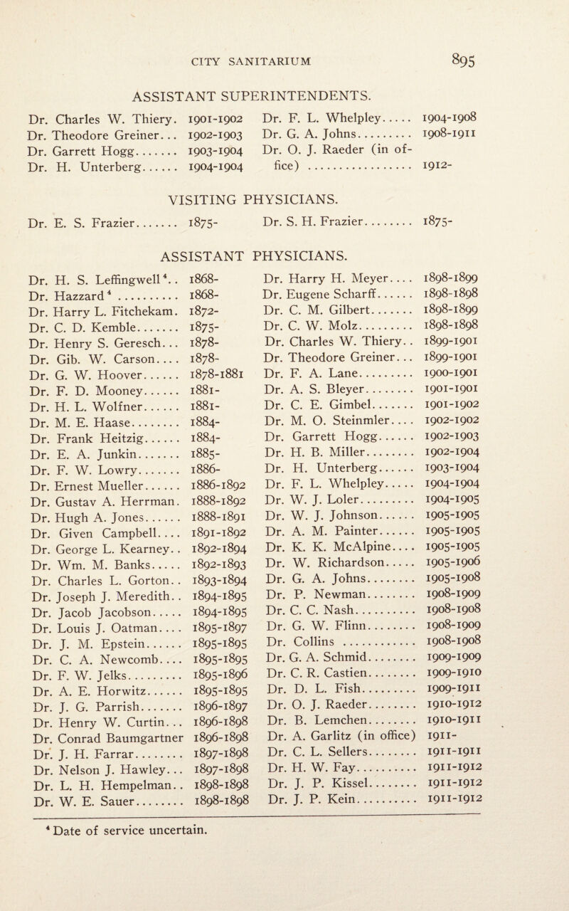 ASSISTANT SUPERINTENDENTS. Dr. Charles W. Thiery. 1901-1902 Dr. F. L. Whelpley. 1904-1908 Dr. Theodore Greiner... 1902-1903 Dr. G. A. Johns. 1908-1911 Dr. Garrett Hogg. ...... 1903-1904 Dr. O. J. Raeder (in of- Dr. H. Unterberg. 1904-1904 fice) .. 1912- VISITING PHYSICIANS. Dr. E. S. Frazier. 1875- Dr. S. H. Frazier. 1875- ASSISTANT PHYSICIANS. Dr. H. S. Leffingwell4.. 1868- Dr. Hazzard4. 1868- Dr. Harry L. Fitchekam. 1872- Dr. C. D. Kemble. 1875- Dr. Henry S. Geresch. .. 1878- Dr. Gib. W. Carson.... 1878- Dr. G. W. Hoover. 1878-1881 Dr. F. D. Mooney. 1881- Dr. H. L. Wolfner. 1881- Dr. M. E. Haase. 1884- Dr. Frank Heitzig. 1884- Dr. E. A. Junkin. 1885- Dr. F. W. Lowry. 1886- Dr. Ernest Mueller. 1886-1892 Dr. Gustav A. Herrman. 1888-1892 Dr. Hugh A. Jones. 1888-1891 Dr. Given Campbell.... 1891-1892 Dr. George L. Kearney. . 1892-1894 Dr. Wm. M. Banks. 1892-1893 Dr. Charles L. Gorton. . 1893-1894 Dr. Joseph J. Meredith. . 1894-1895 Dr. Jacob Jacobson. 1894-1895 Dr. Louis J. Oatman. .. . 1895-1897 Dr. J. M. Epstein. 1895-1895 Dr. C. A. Newcomb.... 1895-1895 Dr. F. W. Jelks. 1895-1896 Dr. A. E. Horwitz. 1895-1895 Dr. J. G. Parrish. 1896-1897 Dr. Henry W. Curtin... 1896-1898 Dr. Conrad Baumgartner 1896-1898 Dr. J. H. Farrar. 1897-1898 Dr. Nelson J. Hawley. .. 1897-1898 Dr. L. H. Hempelman.. 1898-1898 Dr. W. E. Sauer. 1898-1898 Dr. Harry H. Meyer... . 1898-1899 Dr. Eugene Scharff. 1898-1898 Dr. C. M. Gilbert. 1898-1899 Dr. C. W. Molz. 1898-1898 Dr. Charles W. Thiery.. 1899-1901 Dr. Theodore Greiner... 1899-1901 Dr. F. A. Lane. 1900-1901 Dr. A. S. Bleyer. 1901-1901 Dr. C. E. Gimbel. 1901-1902 Dr. M. O. Steinmler- 1902-1902 Dr. Garrett Hogg. 1902-1903 Dr. H. B. Miller. 1902-1904 Dr. H. Unterberg. 1903-1904 Dr. F. L. Whelpley. 1904-1904 Dr. W. J. Loler. 1904-1905 Dr. W. J. Johnson. 1905-1905 Dr. A. M. Painter. 1905-1905 Dr. K. K. McAlpine- 1905-1905 Dr. W. Richardson. 1905-1906 Dr. G. A. Johns. 1905-1908 Dr. P. Newman. 1908-1909 Dr. C. C. Nash. 1908-1908 Dr. G. W. Flinn. 1908-1909 Dr. Collins . 1908-1908 Dr. G. A. Schmid. 1909-1909 Dr. C. R. Castien. 1909-1910 Dr. D. L. Fish. 1909-1911 Dr. O. J. Raeder. 1910-1912 Dr. B. Lemchen. 1910-1911 Dr. A. Garlitz (in office) 1911- Dr. C. L. Sellers. 1911-1911 Dr. H. W. Fay. 1911-1912 Dr. J. P. Kissel. 1911-1912 Dr. J. P. Kein. 1911-1912 4 Date of service uncertain.
