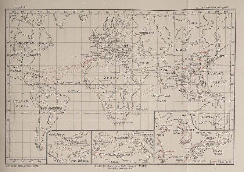 (HISTORISCH-GEOGRAPHISCHE KARTE) K.Dobh Die überseeische Verbreitung der Syphilis Historisch-geographische Karte)