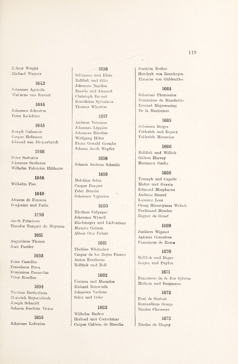 Robert Wright Michael Wagner 1843 Johannes Agrieola Wal aeus uns Scavart 1644 Johannes Johnston Peter Lol ich ins 1645 Joseph Galeanus Caspar Hofmann Isbrand van Biemerbrcek 1646 Peter Sartorius Johannes Scultetus Wilhelm Fabricius Hildanns 1648 Wilhelm Piso 1649 Alvarus de Fonseca Boujonier und Patin 1650 Jacob Primirose Theodor Turquet de Mayerne 1651 Augustinus Thoner Jean Pautier 1652 Peter Castellus Franciscus Pona Bominicus Panarolus Peter Borelins 1654 Thomas Bartholinus Heinrich Ruysendeech Joseph Schmidt Johann Joachim Victor 1655 Johannes Lubertus 1656 Salzmann und Klein Roll fink und Götz Johannes Nardius Baralis und Lienard Christoph Kennet Benedictus Sjlvaticus Thomas Wharton 1857 Andreas Vetranus Johannes Lippius Johannes Rhodius Wolf gang Höfer Franz Oswald Grembs Johann Jecob Wepfer 1658 Johann Andreas Schmitz 1859 Melchior Sebiz Caspar Fesquet Peter Benoist Johannes Vigierius 1660 Nicolaus Culpeper Johannes Wynell Kirchmayer und Liebentanz Mauritz Grimm Albert Otto Fabert 1681 Thobias Whitacker Caspar de los Reyes Franco Anton Everhaers Rollfink und Roll 1662 Ursinus und Macasius Richard Bnnworth Johannes Yaulone Sebiz und Oeler 1683 Wilhelm Barbor Heiland und Cretschmar Caspar Caldera de Heredia Joachim Becher Hendryk von Roonhuyse Timaeus von Güldenidee 1664 Joh an nes Thom asius Bominicus de Marc heb is Everard Maynwaring Be la Martiniere 1685 Johannes Berger Friderich und Keyser Friderich Monavius 1666 Rollfink und Willich Gideon Harvey Hermann Grube 1688 Trumph und Capelle Mattot und Guerin Edmund Morphaeus Andreas Brunei Laurenz Löss Georg Hieronymus Welsch Ferdinand Mendez Regner de Graaf 1689 Justinus Wigand Antonio Gonsalves Franciscus de Roma 1870 Roll fink und Hager Brayer und Puy loh 1671 Franciscus de le Boe Sylvius Meibom und Bergmann 1672 Paul de Surbait Bernardinus Genga Nicolas Chesneau 1673 Nicolos de Blegny