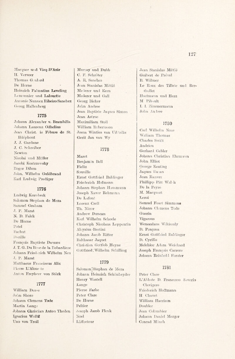 Macquer und Vicq-D’Azir II. Verveer Thomas Gonlard De Iiorne Heinrich Palmatius Leveling Lemonnier und Lalouette Antonic Nunnez Eibeiro Sanchez Georg Hallenberg 1775 Johann Alexander v. Brambilla Johann Laurenz Odhelius Jean Christ, ie Febure de St. Ilaephont J. J. Gardane J. C. Schreiber Newton Nicolai und Müller Jacobi Kostrzewsky Eoger Dibon John. Wilhelm Guldbrand Karl Ludwig Prediger 1776 Ludwig Kornbeck Saiomon Stephan de Meza Samuel Graham J. P. Marat N. D. Falck De Horne Potel Barbut Dazille Francis Bapliste Darsses J. T. G. Du Bose de la Eobardiere Johann Friederich Wilhelm Neu J. P. Marat Mattbaeus Franciscus Alix Pierre L’Aloue te Anton Freylierr von Störk 1777 William Dease John Shore Johann Clemens Tode Martin Lange Johann Christian Anton Theden Ignatius Wollff TJno von Troil Murray und Dubb C. F. Schröter A. E. Sanch.es Jean Stanislas Miltie Me lerer und Kern Mederer und Gail Georg Bicker John Andree Jean Baptiste Jaques Simon Jean Aslruc Maximiliam Stell William Eoberloson Josua Winties van Uil.lriks Gerit Jan van Wy 1778 Mar et Benjamin Bell Fieliz Souville Ernst Gottfried Baidinger Friederich Hofmann Johann Stephan Hausmann Joseph Xaver Beb mann De Lafont Lorenz Creli Th. Nizor Andrew Duncan Karl Wilhelm Scheele Christoph Nicolaus Leppentin Aloysius -Bertini Johann Jacob Kitter Balthasar Jaquet Christian Gottlob Heyne Gottfried',Wilhelm Schilling 1779 Saiomon ^Stephan de Meza Johann Heinrich Schönheyder Henry Was teil Lange Pierre Farbe Peter Cläre De Horne Peltier Joseph Jacob Plenk Noel Laffecteur Jean Stanislas Mittie Guibert de Preval B. Wilmer Le Eoux des Tillete und Ber- t bol] et Hartmann und Herz M Piburlt I. 1. Zimmermann John An 1 ree 1780 Carl Wilhelm Nose William Thomas Charles Swift Andrieu Gerhard Gebier Johann Christian Ehr mann John Elliot George Keating Jaques Da;an Jean Eazoux Phillipp Pitt Wabk De la Peyre M. Macquart Leroi Samuel Foarfc Simmons Johann Clemens Tode Guerin Vigarous Wenceslaus Wikissaly D. Ponyrca Ernst Gottfried Baidinger D. Cyrillo Melchior Adam Weickard Joseph Francois Carrere Johann Kein hold Förster 1781 Peter Cläre L’Abbate D. Francesco Saveritt Clavigero Friederich Hoff mann H Clravet William Harrison Double r Jean Colombier Johann Daniel Mezger Conrad Mönch