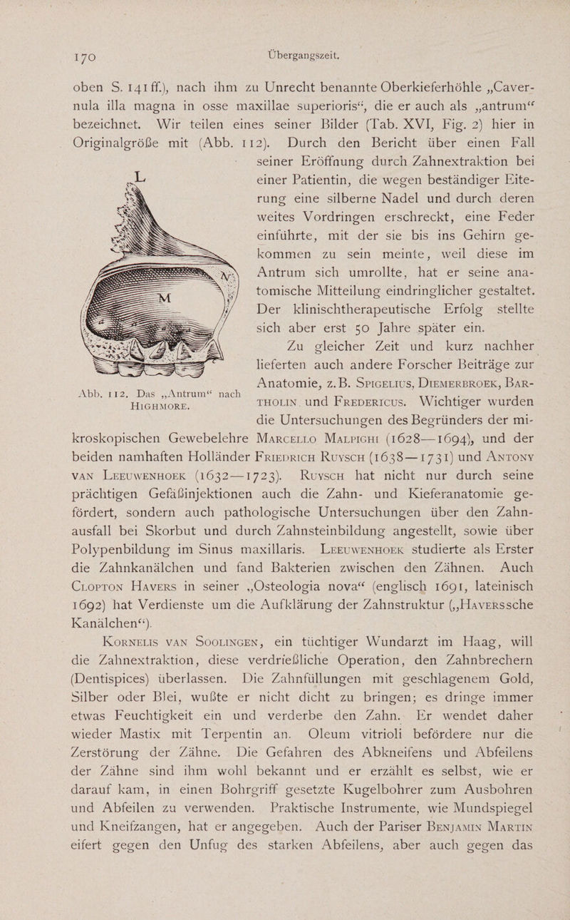 oben S. 141fr.), nach ihm zu Unrecht benannte Oberkieferhöhle „Caver- nula illa magna in osse maxiilae superioris“, die er auch als „antrum“ bezeichnet. Wir teilen eines seiner Bilder (Tab. XVI, Fig. 2) hier in Originalgröße mit (Abb. 112). Durch den Bericht über einen Fall seiner Eröffnung durch Zahnextraktion bei einer Patientin, die wegen beständiger Eite¬ rung eine silberne Nadel und durch deren weites Vordringen erschreckt, eine Feder einführte, mit der sie bis ins Gehirn ge¬ kommen zu sein meinte, weil diese im Antrum sich umrollte, hat er seine ana¬ tomische Mitteilung eindringlicher gestaltet. Der klinischtherapeutische Erfolg stellte sich aber erst 50 Jahre später ein. Zu gleicher Zeit und kurz nachher lieferten auch andere Forscher Beiträge zur Anatomie, z.B. Spigelius, Diemerbroek, Bar¬ tholin und Fredericus. Wichtiger wurden die Untersuchungen des Begründers der mi¬ kroskopischen Gewebelehre Marcello Malpighi (1628—1694), und der beiden namhaften Holländer Friedrich Ruysch (1638—1731) und Antony van Leeuwenhoek (1632—1723). Ruysch hat nicht nur durch seine prächtigen Gefäßinjektionen auch die Zahn- und Kieferanatomie ge¬ fördert, sondern auch pathologische Untersuchungen über den Zahn¬ ausfall bei Skorbut und durch Zahnsteinbildung angestellt, sowie über Polypenbildung im Sinus maxillaris. Leeuwenhoek studierte als Erster die Zahnkanälchen und fand Bakterien zwischen den Zähnen. Auch Clopton Hävers in seiner „Osteologia nova“ (englisch 1691, lateinisch 1692) hat Verdienste um die Aufklärung der Zahnstruktur („HAVERSsche Kanälchen“). Kornelis van Soolingen, ein tüchtiger Wundarzt im Haag, will die Zahnextraktion, diese verdrießliche Operation, den Zahnbrechern (Dentispices) überlassen. Die Zahnfüllungen mit geschlagenem Gold, Silber oder Blei, wußte er nicht dicht zu bringen; es dringe immer etwas Feuchtigkeit ein und verderbe den Zahn. Er wendet daher wieder Mastix mit Terpentin an. Oleum vitrioli befördere nur die Zerstörung der Zähne. Die Gefahren des Abkneifens und Abfeilens der Zähne sind ihm wohl bekannt und er erzählt es selbst, wie er darauf kam, in einen Bohrgriff gesetzte Kugelbohrer zum Ausbohren und Abfeilen zu verwenden. Praktische Instrumente, wie Mundspiegel und Kneifzangen, hat er angegeben. Auch der Pariser Benjamin Martin eifert gegen den Unfug des starken Abfeilens, aber auch gegen das L Abb. 112. Das „Antrum“ nach Highmore.