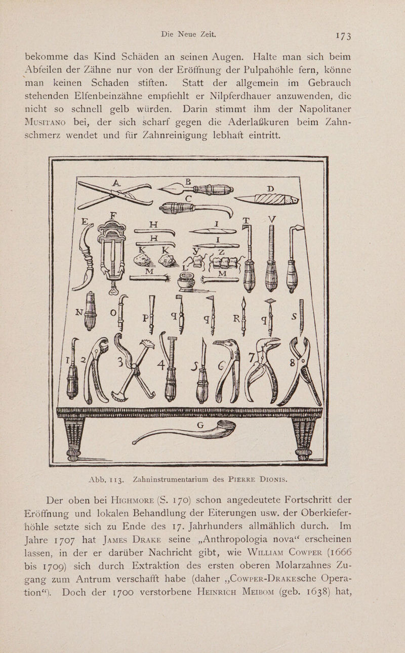 bekomme das Kind Schäden an seinen Augen. Halte man sich beim Abfeilen der Zähne nur von der Eröffnung der Pulpahöhle fern, könne man keinen Schaden stiften. Statt der allgemein im Gebrauch stehenden Elfenbeinzähne empfiehlt er Nilpferdhauer anzuwenden, die nicht so schnell gelb würden. Darin stimmt ihm der Napolitaner Musitano bei, der sich scharf gegen die Aderlaßkuren beim Zahn¬ schmerz wendet und für Zahnreinigung lebhaft eintritt. Abb. 113. Zahninstrumentarium des Pierre Dionis. Der oben bei Highmore (S. 170) schon angedeutete Fortschritt der Eröffnung und lokalen Behandlung der Eiterungen usw. der Oberkiefer¬ höhle setzte sich zu Ende des 17. Jahrhunders allmählich durch. Im Jahre 1707 hat James Drake seine „Anthropologia nova“ erscheinen lassen, in der er darüber Nachricht gibt, wie William Cowper (1666 bis 1709) sich durch Extraktion des ersten oberen Molarzahnes Zu¬ gang zum Antrum verschafft habe (daher „CowpER-DRAKEsche Opera¬ tion“). Doch der 1700 verstorbene Heinrich Meibom (geb. 1638) hat,
