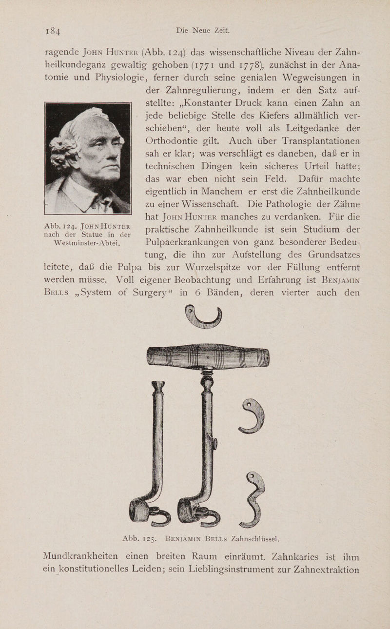 ragende John Hunter (Abb. 124) das wissenschaftliche Niveau der Zahn¬ heilkundeganz gewaltig gehoben (1771 und 1778), zunächst in der Ana“ tomie und Physiologie, ferner durch seine genialen Wegweisungen in der Zahnregulierung, indem er den Satz auf¬ stellte: „Konstanter Druck kann einen Zahn an jede beliebige Stelle des Kiefers allmählich ver¬ schieben“, der heute voll als Leitgedanke der Orthodontie gilt. Auch über Transplantationen sah er klar; was verschlägt es daneben, daß er in technischen Dingen kein sicheres Urteil hatte; das war eben nicht sein Feld. Dafür machte eigentlich in Manchem er erst die Zahnheilkunde zu einer Wissenschaft. Die Pathologie der Zähne hat John Hunter manches zu verdanken. P'ür die praktische Zahnheilkunde ist sein Studium der Pulpaerkrankungen von ganz besonderer Bedeu¬ tung, die ihn zur Aufstellung des Grundsatzes leitete, daß die Pulpa bis zur Wurzelspitze vor der Füllung entfernt werden müsse. Voll eigener Beobachtung und Erfahrung ist Benjamin Bells „System of Surgery“ in 6 Bänden, deren vierter auch den Abb. 124. John Hunter nach der Statue in der Westminster- Abtei. Abb. 125. Benjamin Bells Zahnschlüssel. Mundkrankheiten einen breiten Raum einräumt. Zahnkaries ist ihm ein konstitutionelles Leiden; sein Lieblingsinstrument zur Zahnextraktion