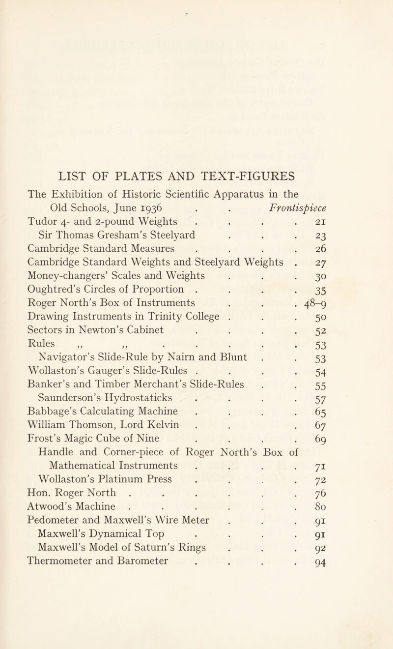 The Exhibition of Historic Scientific Apparatus in the Old Schools, June 1936 . . Frontispiece Tudor 4- and 2-pound Weights Sir Thomas Gresham’s Steelyard Cambridge Standard Measures Cambridge Standard Weights and Steelyard Weights Money-changers’ Scales and Weights Oughtred’s Circles of Proportion . Roger North’s Box of Instruments Drawing Instruments in Trinity College . Sectors in Newton’s Cabinet Rules ,, ,, Navigator’s Slide-Rule by Nairn and Blunt Wollaston’s Gauger’s Slide-Rules . Banker’s and Timber Merchant’s Slide-Rules Saunderson’s Hydrostaticks Babbage’s Calculating Machine William Thomson, Lord Kelvin Frost’s Magic Cube of Nine Handle and Corner-piece of Roger North’s Box of Mathematical Instruments Wollaston’s Platinum Press Hon. Roger North .... Atwood’s Machine .... Pedometer and Maxwell’s Wire Meter Maxwell’s Dynamical Top Maxwell’s Model of Saturn’s Rings Thermometer and Barometer 21 23 26 27 30 35 48-9 50 52 53 53 54 55 57 65 67 69 71 72 76 80 9i 91 92 94