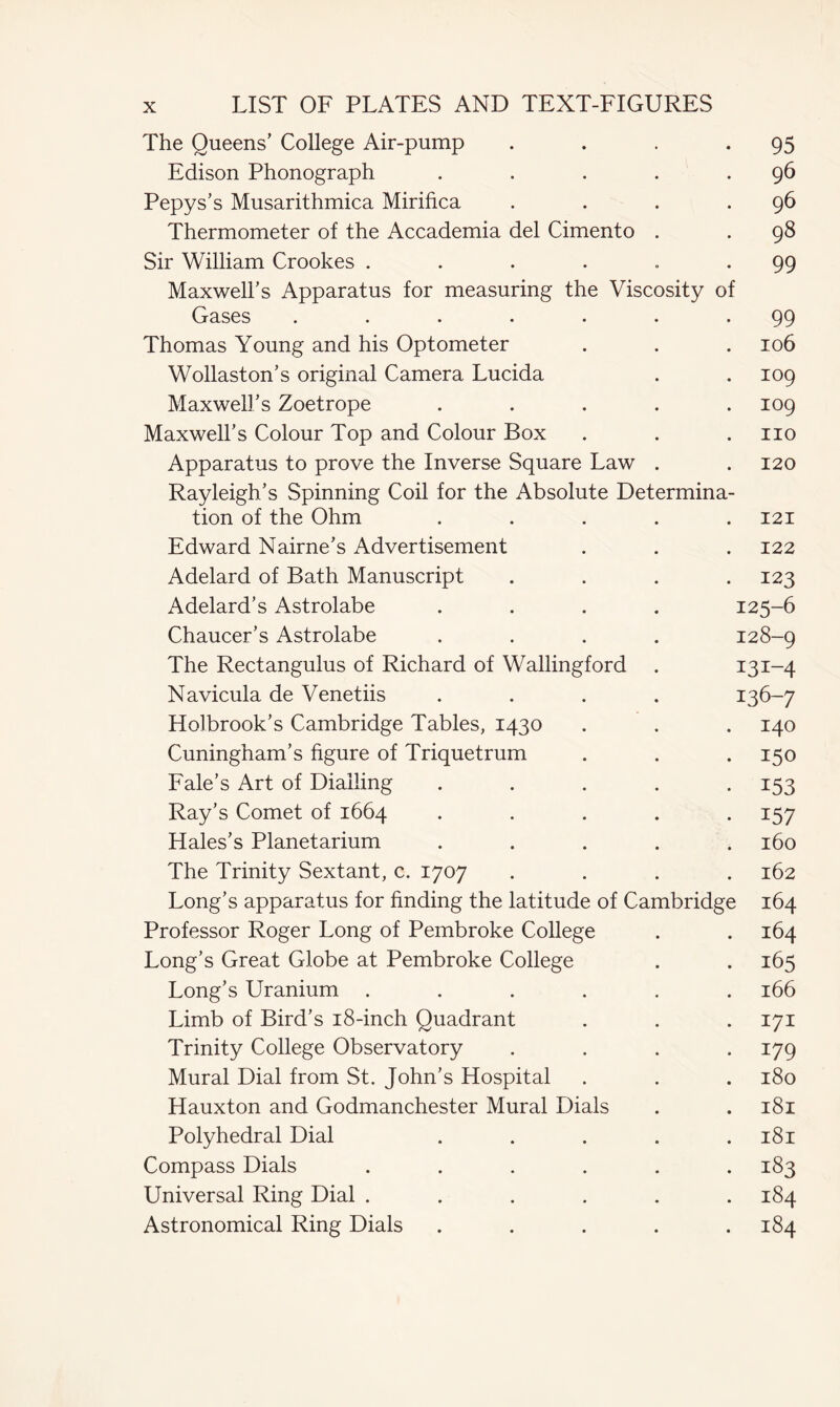 The Queens’ College Air-pump . . . *95 Edison Phonograph . . . . .96 Pepys’s Musarithmica Mirifica . . . .96 Thermometer of the Accademia del Cimento . . 98 Sir William Crookes . . . . . -99 Maxwell’s Apparatus for measuring the Viscosity of Gases ....... 99 Thomas Young and his Optometer . . . 106 Wollaston’s original Camera Lucida . . 109 Maxwell’s Zoetrope . . . . .109 Maxwell’s Colour Top and Colour Box . . .110 Apparatus to prove the Inverse Square Law . . 120 Rayleigh’s Spinning Coil for the Absolute Determina¬ tion of the Ohm ..... 121 Edward Nairne’s Advertisement . . . 122 Adelard of Bath Manuscript . . . -123 Adelard’s Astrolabe .... 125-6 Chaucer’s Astrolabe .... 128-9 The Rectangulus of Richard of Wallingford . 131-4 Navicula de Venetiis .... 136-7 Holbrook’s Cambridge Tables, 1430 . . . 140 Cuningham’s figure of Triquetrum . . *150 Fale’s Art of Dialling ..... 153 Ray’s Comet of 1664 ..... 157 Hales’s Planetarium ..... 160 The Trinity Sextant, c. 1707 .... 162 Long’s apparatus for finding the latitude of Cambridge 164 Professor Roger Long of Pembroke College . . 164 Long’s Great Globe at Pembroke College . . 165 Long’s Uranium ...... 166 Limb of Bird’s 18-inch Quadrant . . . 171 Trinity College Observatory .... 179 Mural Dial from St. John’s Hospital . . . 180 Hauxton and Godmanchester Mural Dials . . 181 Polyhedral Dial . . . . .181 Compass Dials ...... 183 Universal Ring Dial ...... 184 Astronomical Ring Dials ..... 184