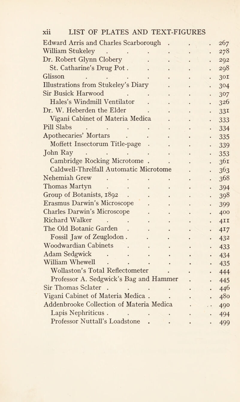 Edward Arris and Charles Scarborough . . . 267 William Stukeley ...... 278 Dr. Robert Glynn Clobery .... 292 St. Catharine’s Drug Pot..... 298 Glisson ....... 301 Illustrations from Stukeley’s Diary . . . 304 Sir Busick Harwood ..... 307 Hales’s Windmill Ventilator .... 326 Dr. W. Heberden the Elder .... 331 Vigani Cabinet of Materia Medica . . . 333 Pill Slabs ....... 334 Apothecaries’ Mortars ..... 335 Moffett Insectorum Title-page .... 339 John Ray.353 Cambridge Rocking Microtome . . . .361 Caldwell-Threlfall Automatic Microtome . . 363 Nehemiah Grew ...... 368 Thomas Martyn ...... 394 Group of Botanists, 1892 ..... 398 Erasmus Darwin’s Microscope .... 399 Charles Darwin’s Microscope .... 400 Richard Walker . . . . . .411 The Old Botanic Garden . . . . *417 Fossil Jaw of Zeuglodon ..... 432 Woodwardian Cabinets ..... 433 Adam Sedgwick ...... 434 William Whewell . . . . . *435 Wollaston’s Total Reflectometer . . . 444 Professor A. Sedgwick’s Bag and Hammer . . 445 Sir Thomas Sclater ...... 446 Vigani Cabinet of Materia Medica .... 480 Addenbrooke Collection of Materia Medica . . . 490 Lapis Nephriticus ...... 494 Professor Nuttall’s Loadstone .... 499