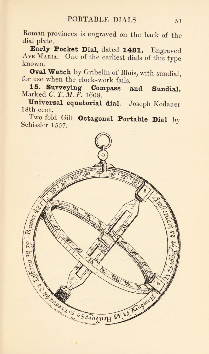 Roman provinces is engraved on the back of the dial plate. Early Pocket Dial, dated 1481. Engraved Ave Maria. One of the earliest dials of this type known. Oval Watch by Gribelin of Blois, with sundial, for use when the clock-work fails. 15. Surveying Compass and Sundial. Marked C. T.M.F. 1608. Universal equatorial dial. Joseph Kodauer 18th cent. Two-fold Gilt Octagonal Portable Dial by Schissler 1557.