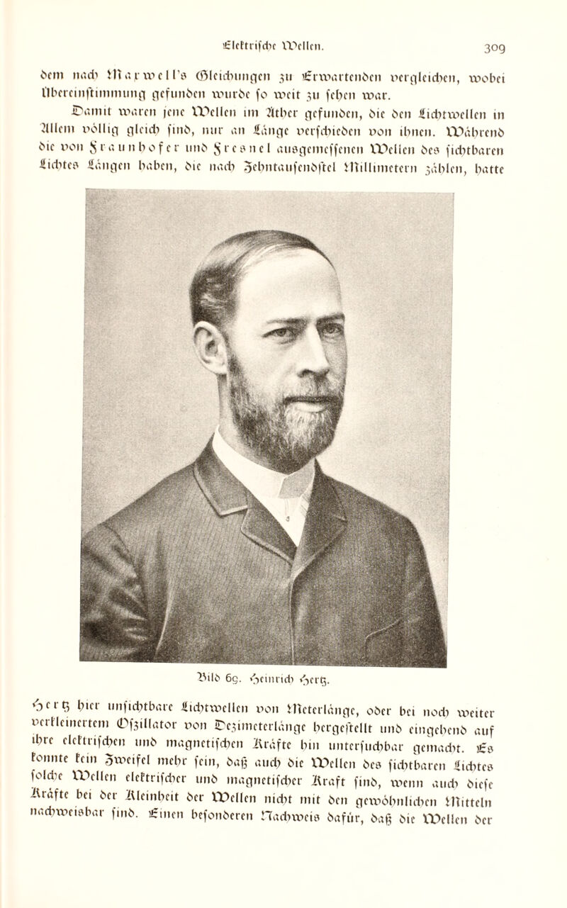’lleftrifcbe Wellen. 3og 2Mlb 6g. Nehmet) /^erg. <jcv$ l;icr unficbtbare lidnxvcllcn pon Meterlänge, ober bei noch xpeiter pcrHcincrtcm CfjiUßtor poh IDc3imctcrlänge bcrgeftellt unb emgebenb auf ihre elettrifd>en 11116 magnctifdxn Äräfte bm unterfudibar gemadn. £s ronnte fein oweifel mehr fein, baß and) 6ie Wellen bee fidnbaren lidxtc» fold,c Vr>cllc'1 fleftrifcber unb magnctifdxr jRraft finb, wenn aud> b.efe Kräfte bei ber iUeinbcit ber Wellen nidxt mit ben getpöbnlidxn Mitteln nacbxpeiebar fmb. £men befonberen Hadnveitx bafür, baß bic Wellen ber betn itadx Majrxpcll’s (öleidmngcn 311 £rxv>artcnben pergleidxeit, vpobet llbcrcinftinnmntg gefunben xxmrbe fo xxxit 311 feben war. ®amir waren iene Wellen 1111 Jltber gefunben, bic ben lidnxpcllcn in 'lllem PÖllig gleich finb, nur an lange perfebieben poh ibncn. VPäbrenb bic pon Sraunbofcr 1111b freund ausgemeffenen Wellen bcs fidttbaren lidited längen haben, bie na di Scbntaufcnbftcl Millimetern 3äblcn, batte